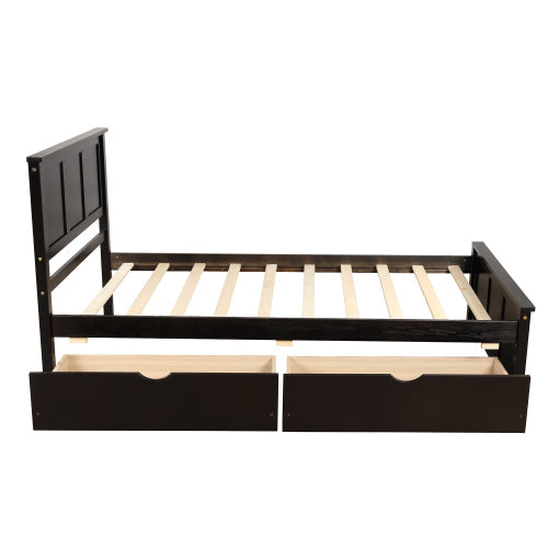 Platform Storage Bed with 2 Drawers on Wheels | Twin Size Frame | Espresso Finish | Space-Saving
