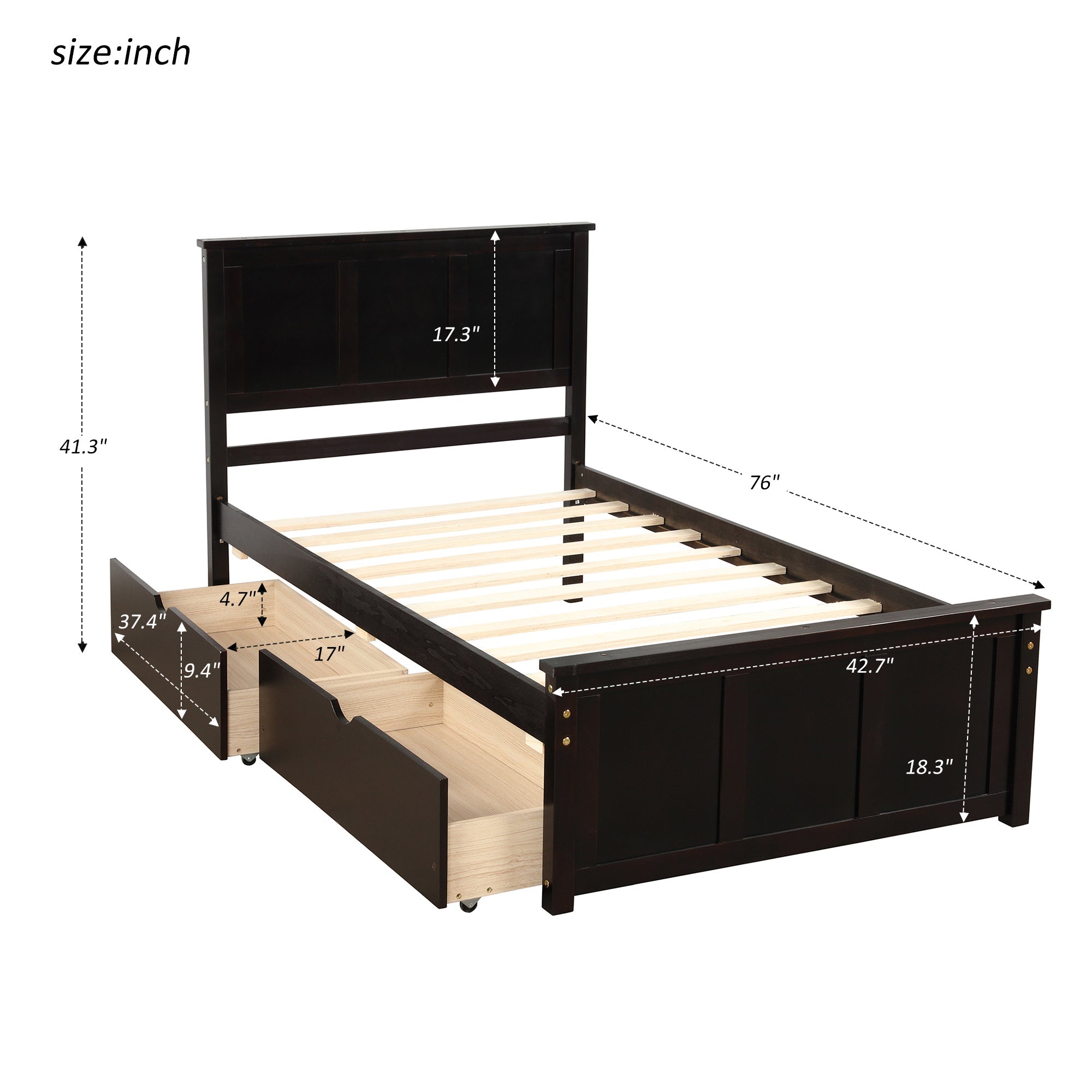 Platform Storage Bed with 2 Drawers on Wheels | Twin Size Frame | Espresso Finish | Space-Saving