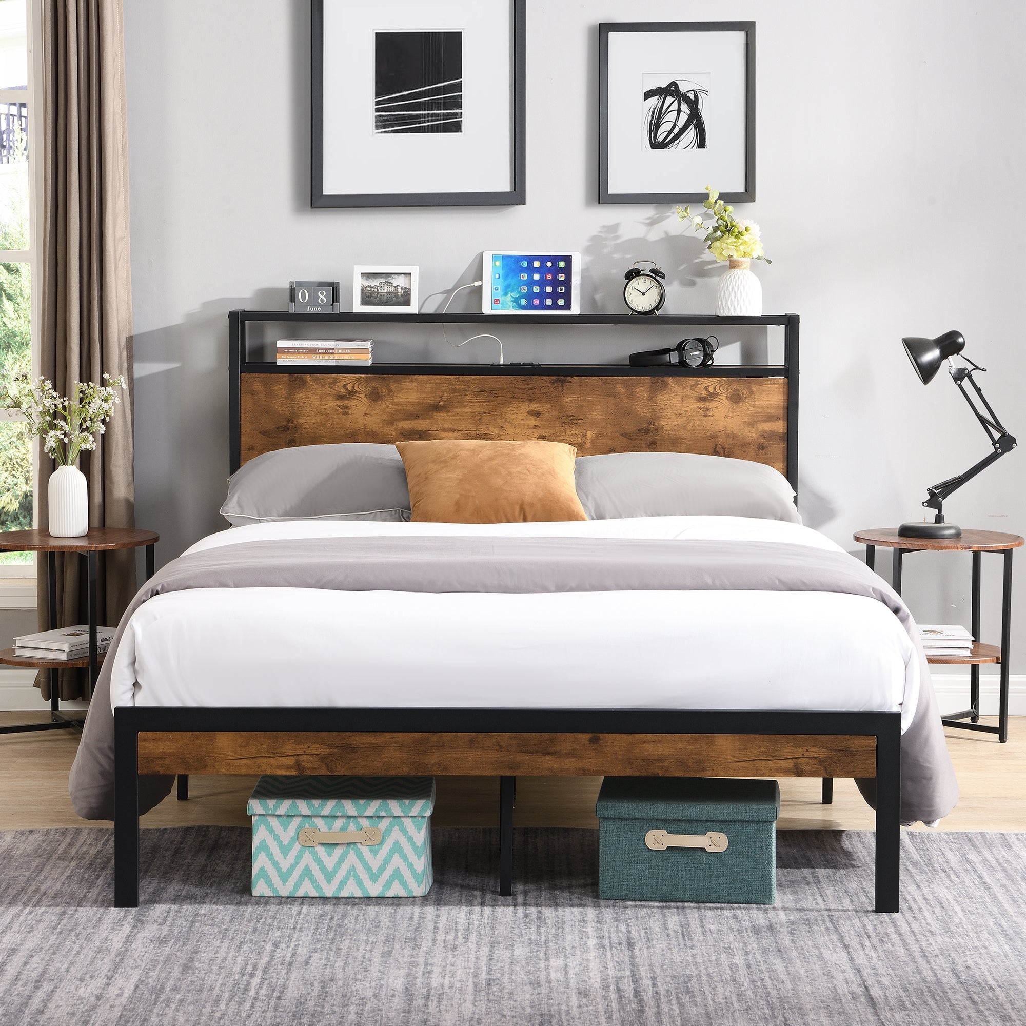 Queen Size Metal Platform Bed Frame with Wooden Headboard & Footboard, USB LINER | No Box Spring | Large Under Bed Storage | Easy Assembly