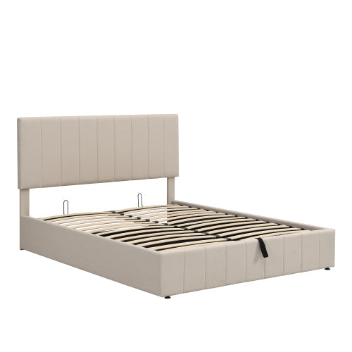 Queen Upholstered Platform Bed with Hydraulic Storage - Beige - Space-Saving Solution - Modern Design