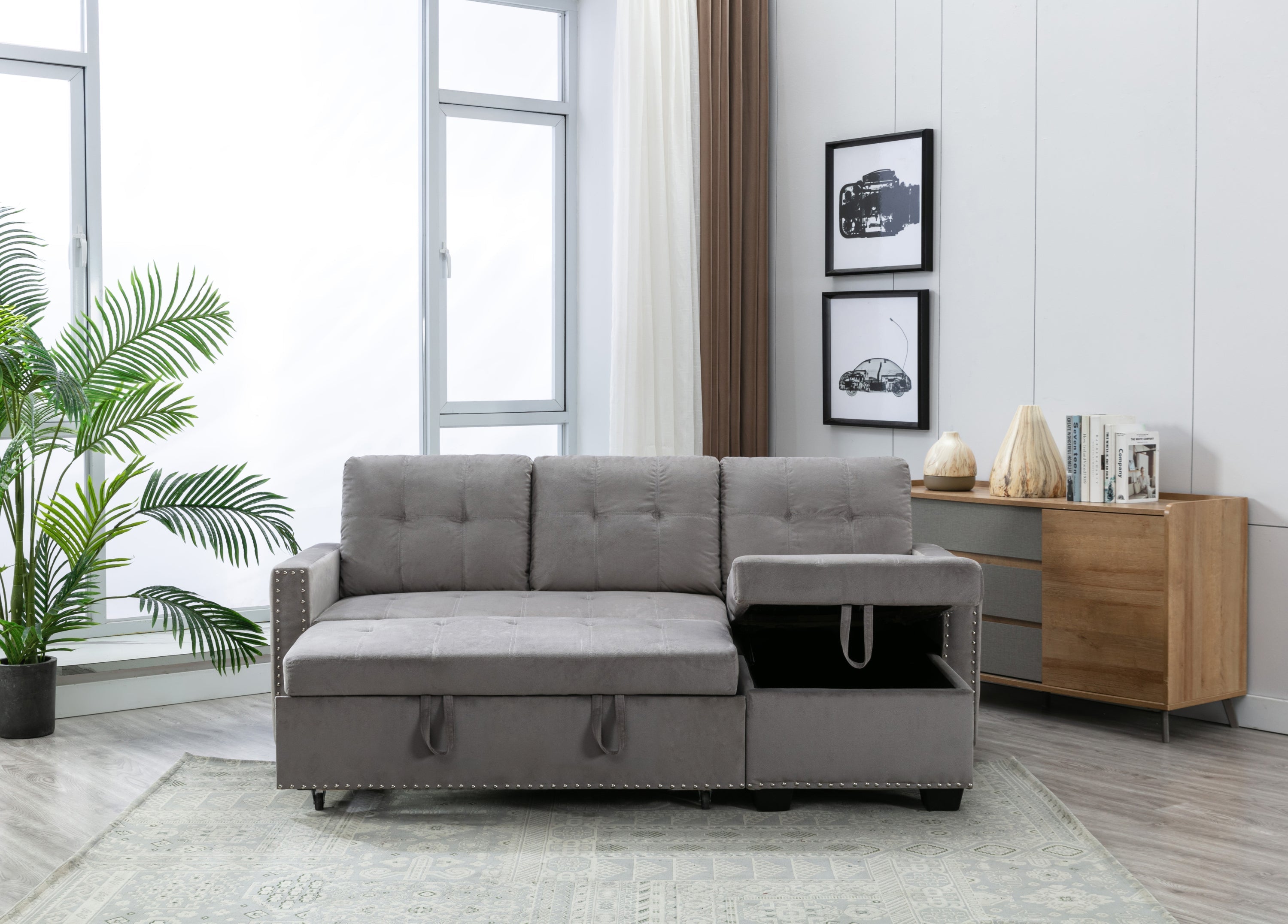 Reversible Sectional Storage Sleeper Sofa Bed | L-Shape 2 Seat Sectional Chaise With Storage | Skin-Feeling Velvet Fabric | Light Grey Color | Stylish Addition to Living Room Furniture-Sleeper Sectionals-American Furniture Outlet