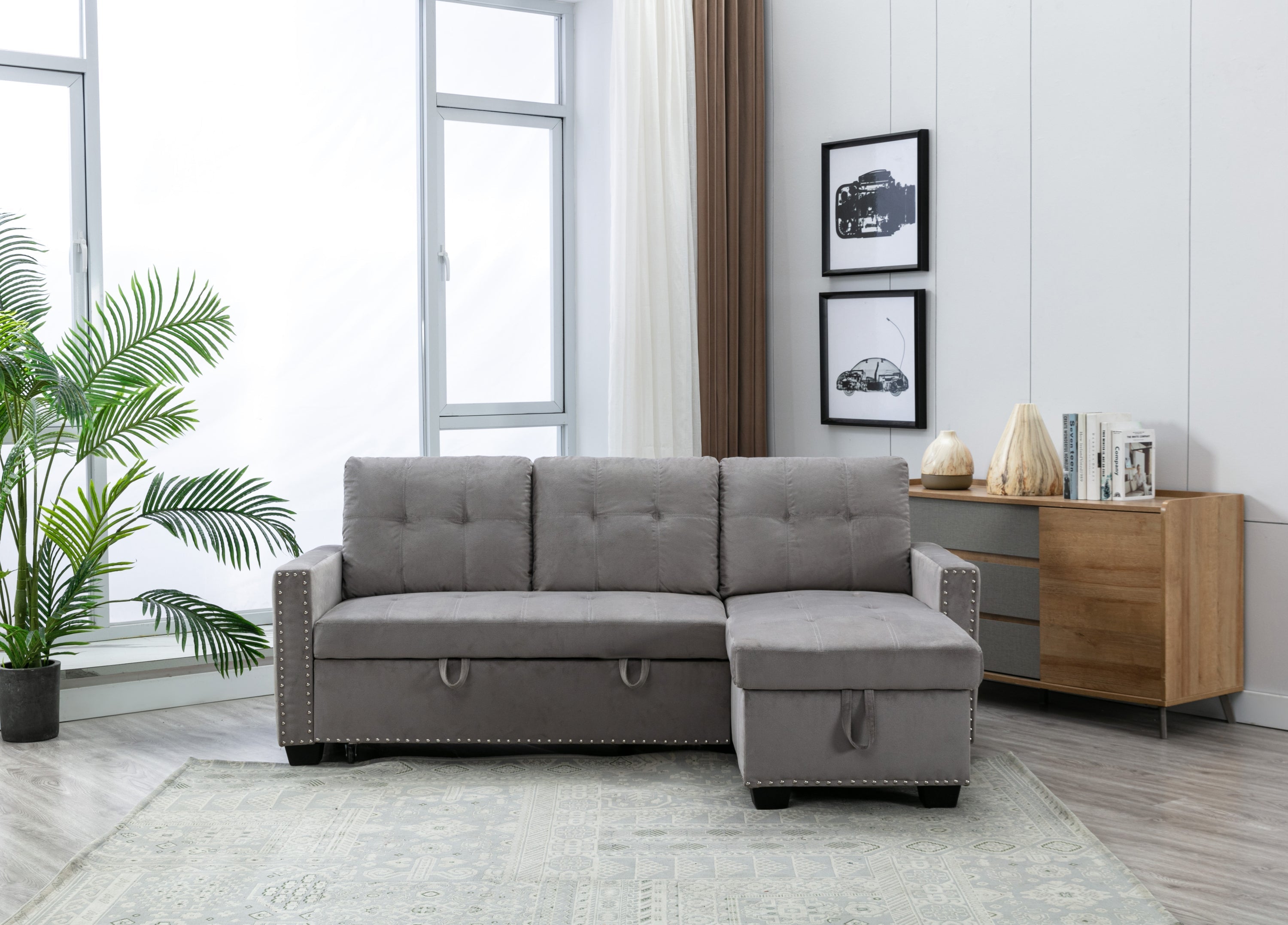 Reversible Sectional Storage Sleeper Sofa Bed | L-Shape 2 Seat Sectional Chaise With Storage | Skin-Feeling Velvet Fabric | Light Grey Color | Stylish Addition to Living Room Furniture-Sleeper Sectionals-American Furniture Outlet