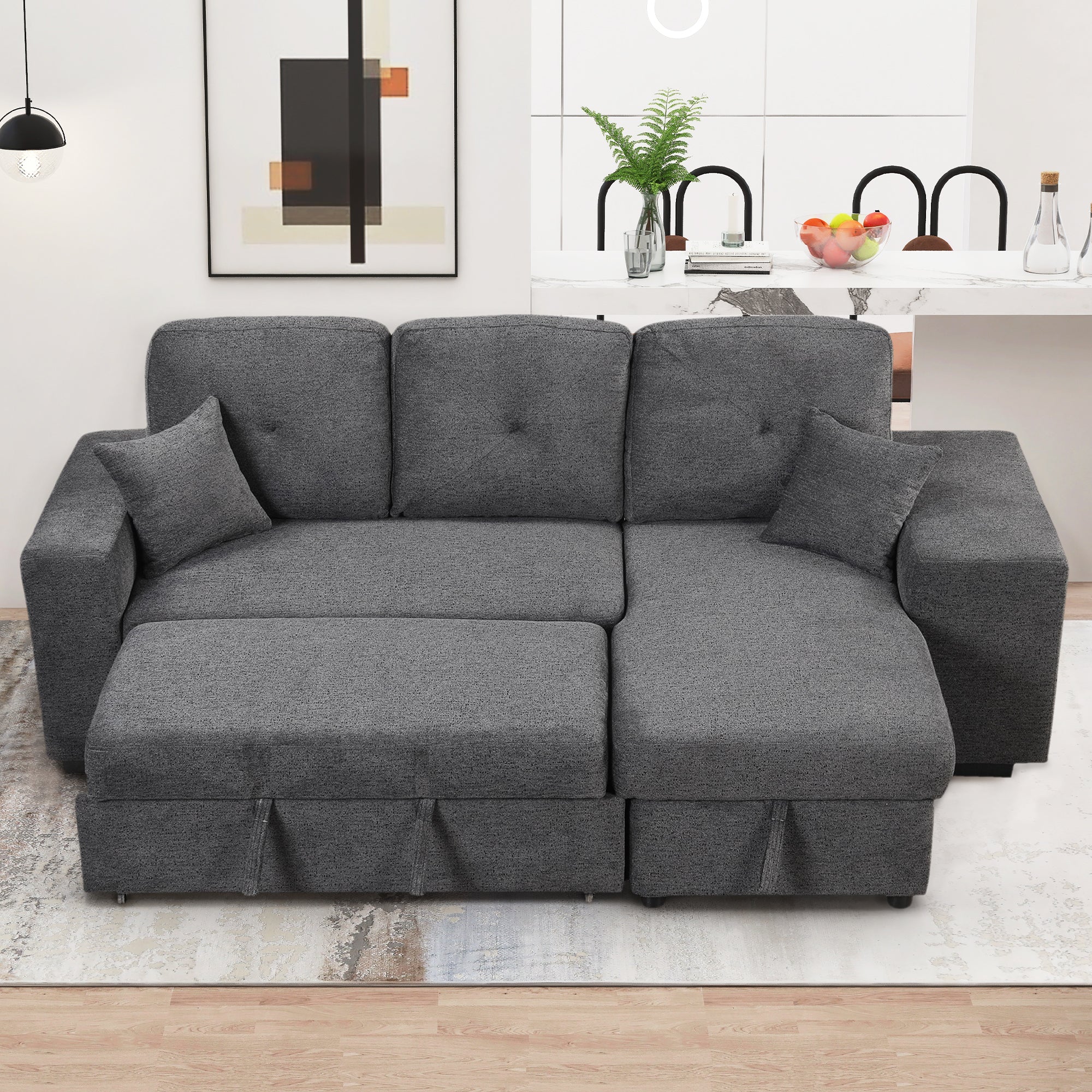 Reversible Sleeper Sectional Sofa Bed with Side Shelf and 2 Stools | Pull-Out L-Shaped Sofa Bed | Corner Sofa-Bed with Storage Chaise | Left/Right Hand for Living Room | Blue Black-Sleeper Sectionals-American Furniture Outlet