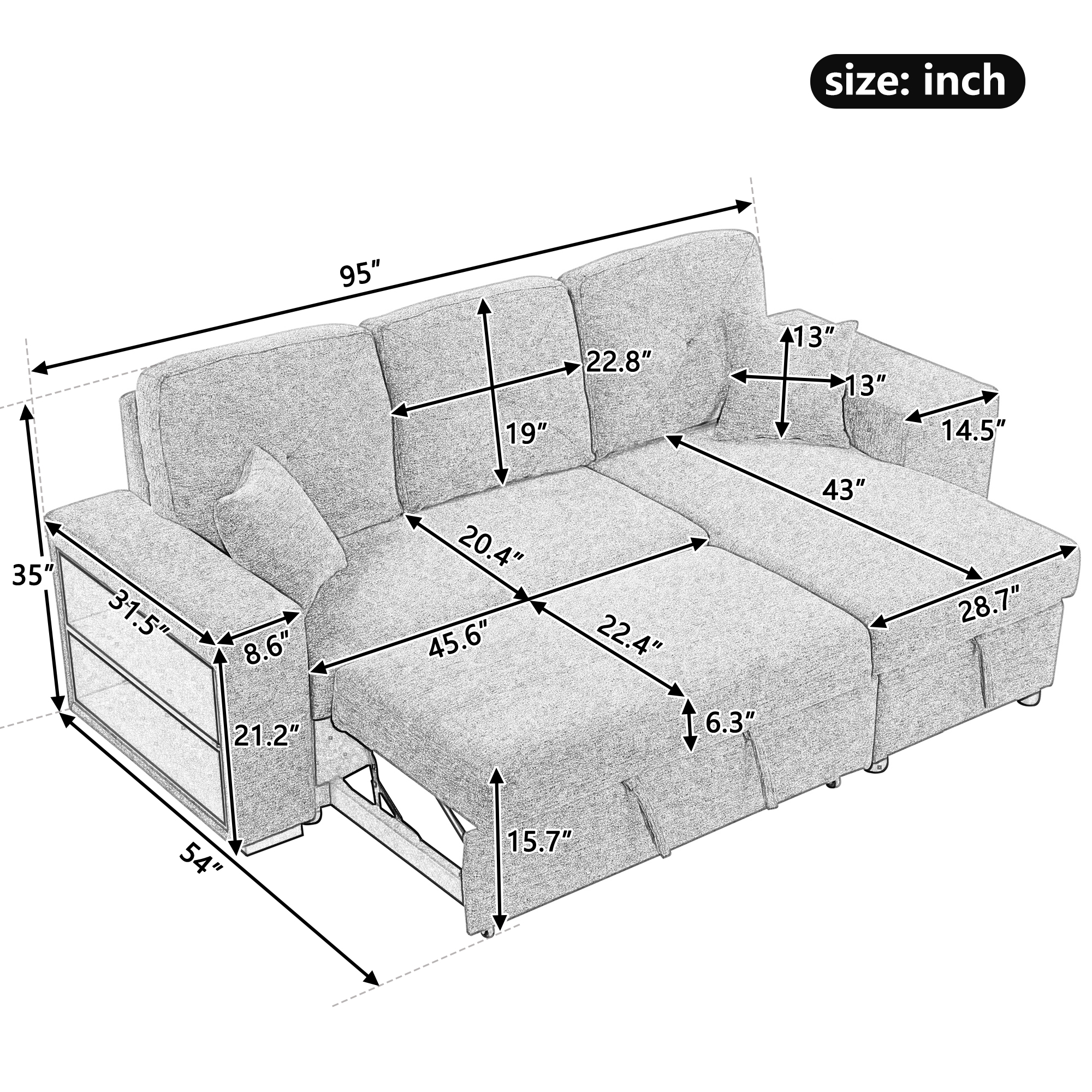 Reversible Sleeper Sectional Sofa Bed with Side Shelf and 2 Stools | Pull-Out L-Shaped Sofa Bed | Corner Sofa-Bed with Storage Chaise | Left/Right Handed | Ideal for Living Room | Knox Charcoal