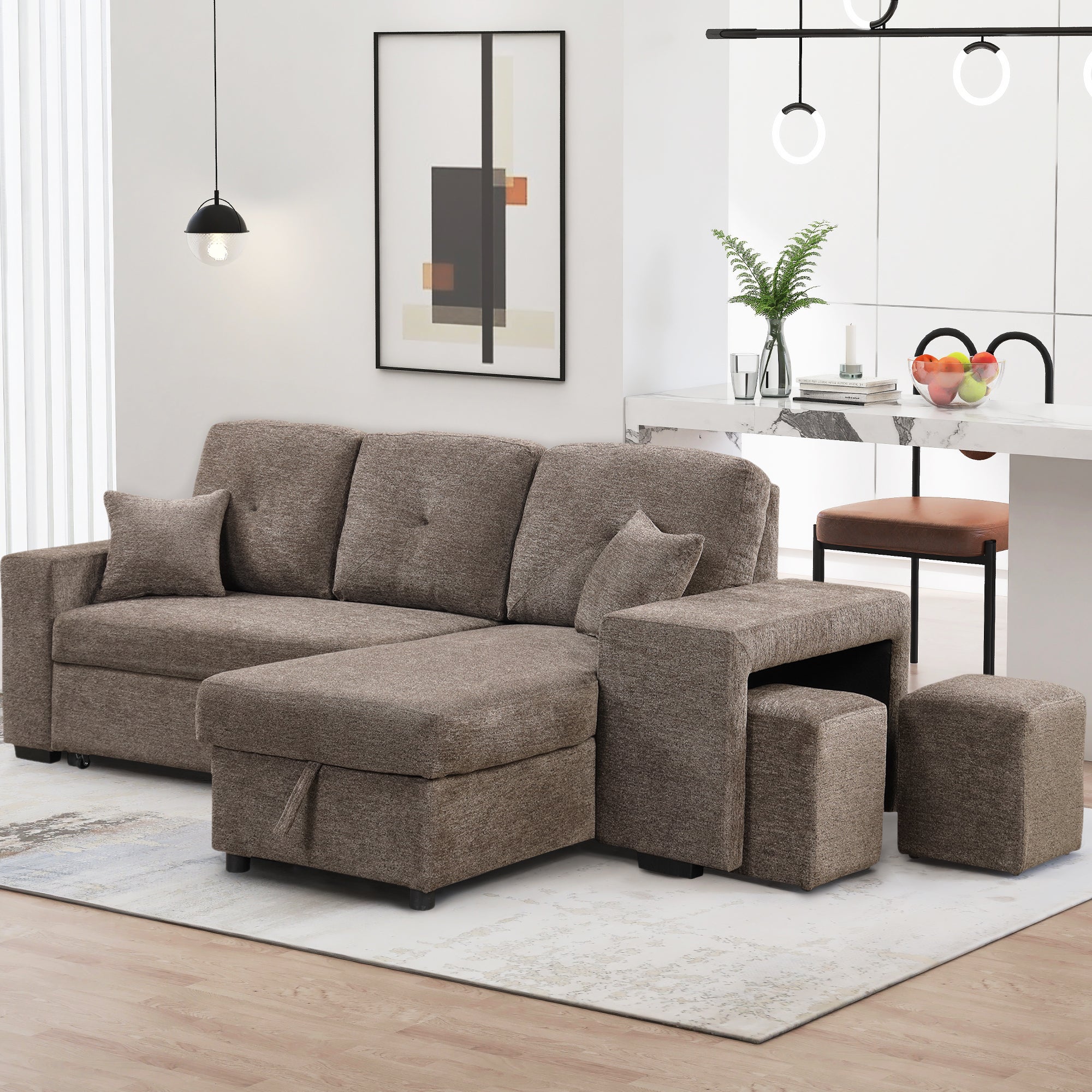 Reversible Sleeper Sectional Sofa Bed with Side Shelf and 2 Stools | Pull-Out L-Shaped Sofa Bed | Corner Sofa-Bed with Storage Chaise | Left/Right Handed | Ideal for Living Room | Knox Charcoal