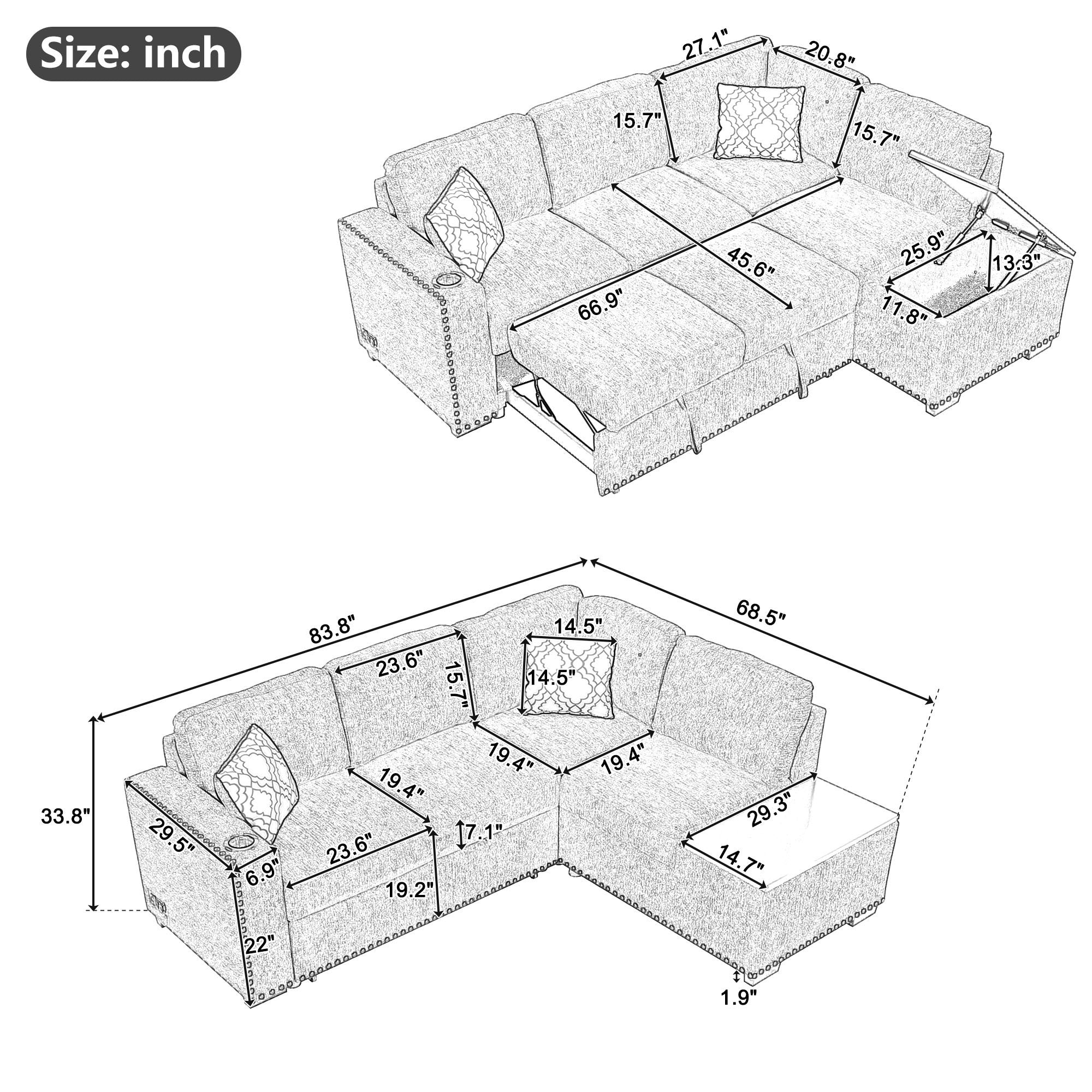 Sectional Pull-Out Sofa Bed L-Shaped Corner Sofa Couch with Storage Chaise, USB Ports, Power Sockets, Cup Holder | Ideal for Living Room, Bedroom, Study | Black | Comfort and Convenience Combined