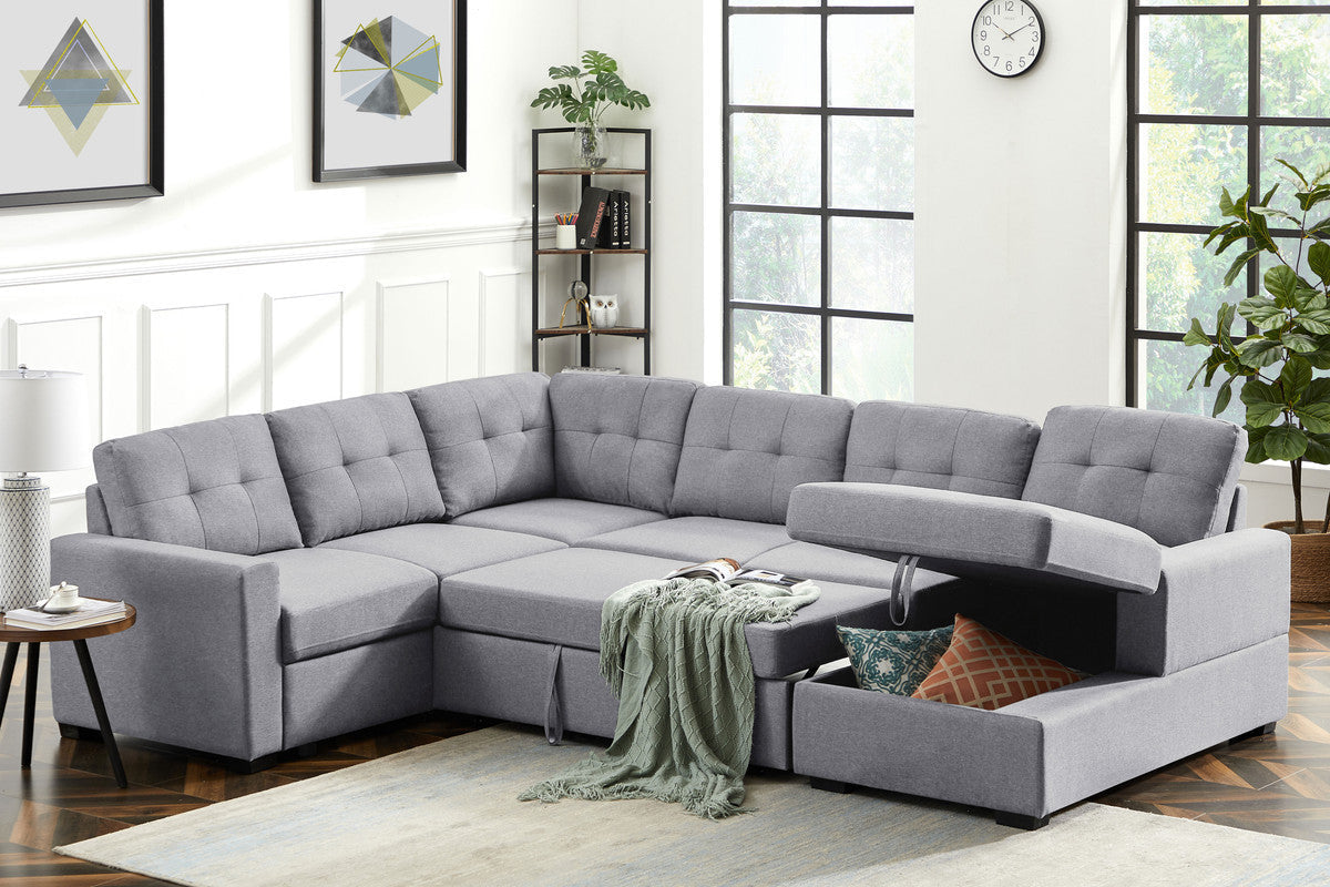 Selene 115.5" Light Gray Linen Sleeper Sectional Sofa w/ Storage Chaise-Sleeper Sectionals-American Furniture Outlet
