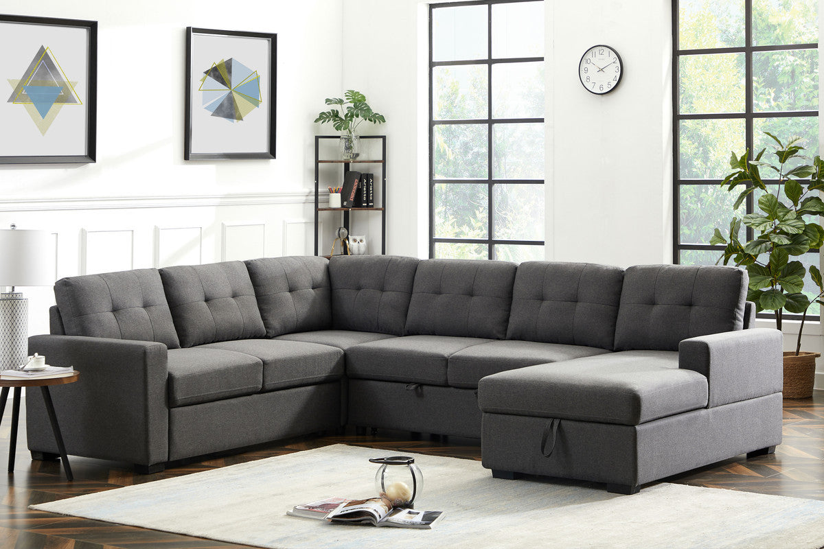Selene Dark Gray Linen U Shaped Sleeper Sectional with Storage-Stationary Sectionals-American Furniture Outlet