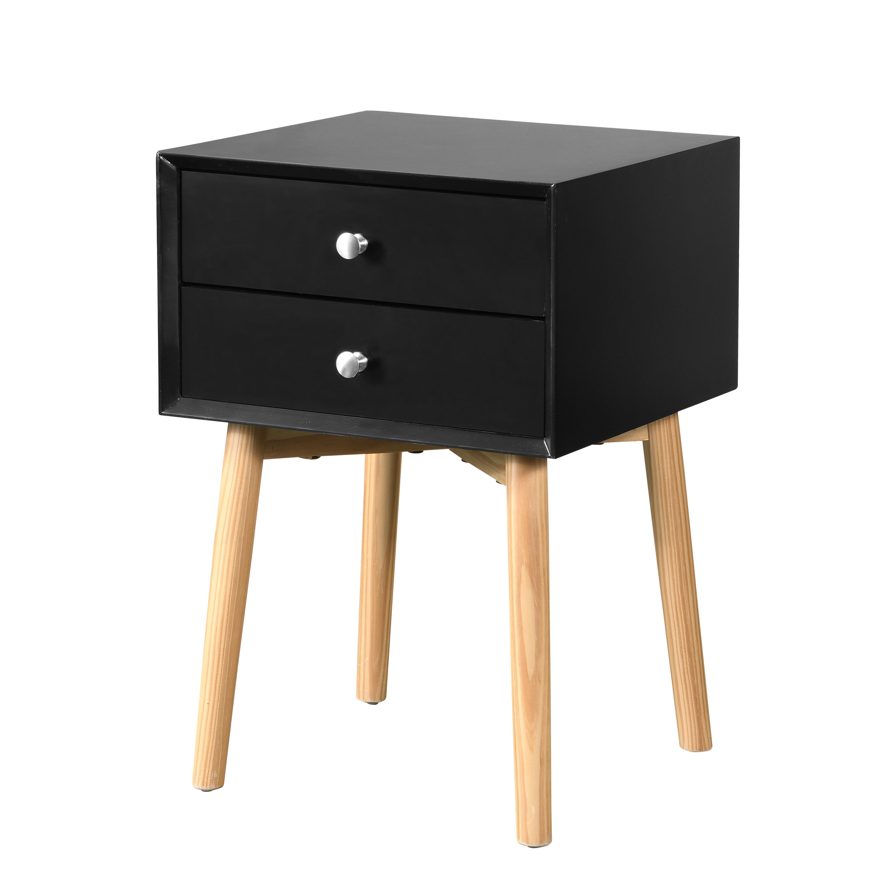 Side Table - 2 Drawers, Rubber Wood Legs - Mid-Century Modern Storage Cabinet for Bedroom and Living Room in Black