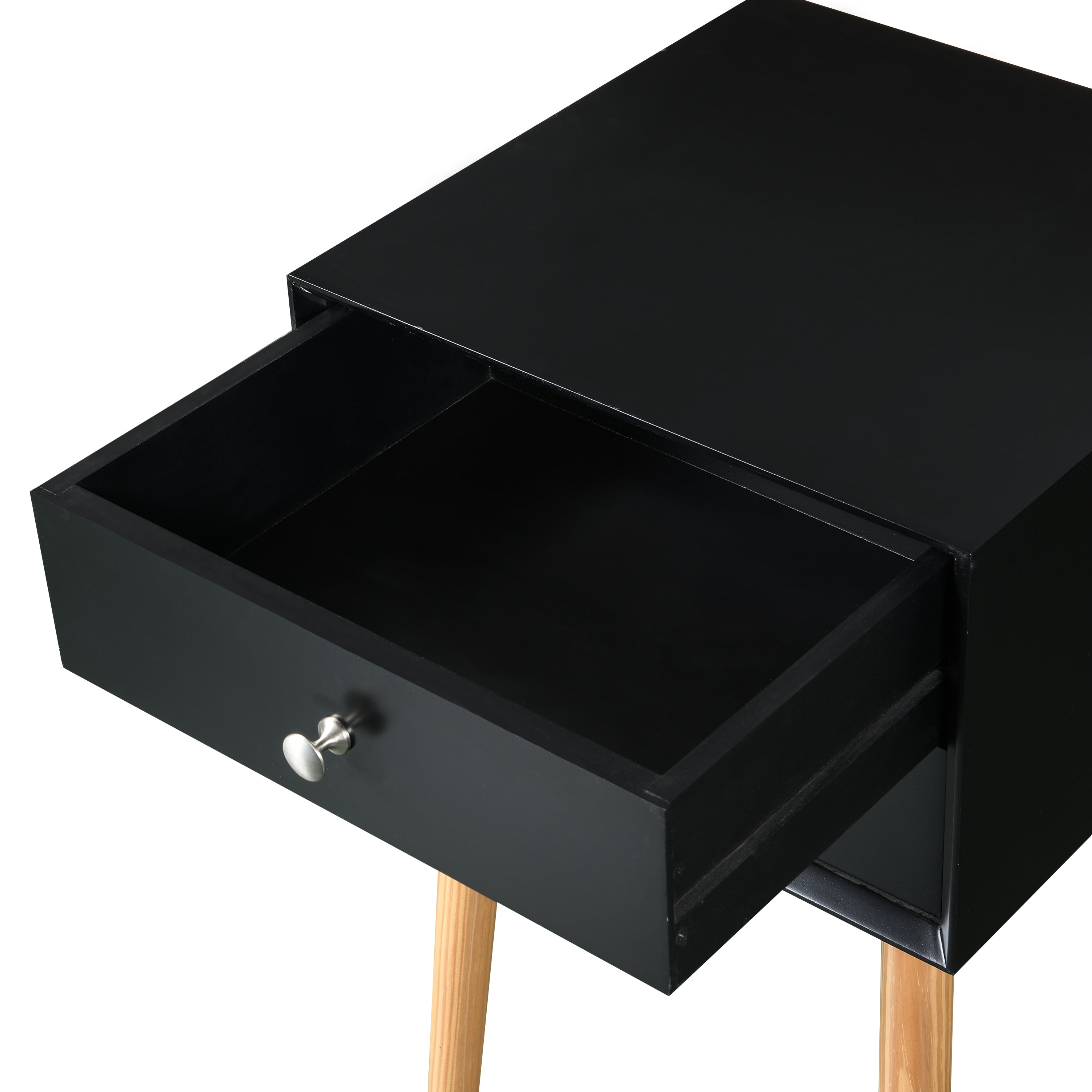 Side Table - 2 Drawers, Rubber Wood Legs - Mid-Century Modern Storage Cabinet for Bedroom and Living Room in Black