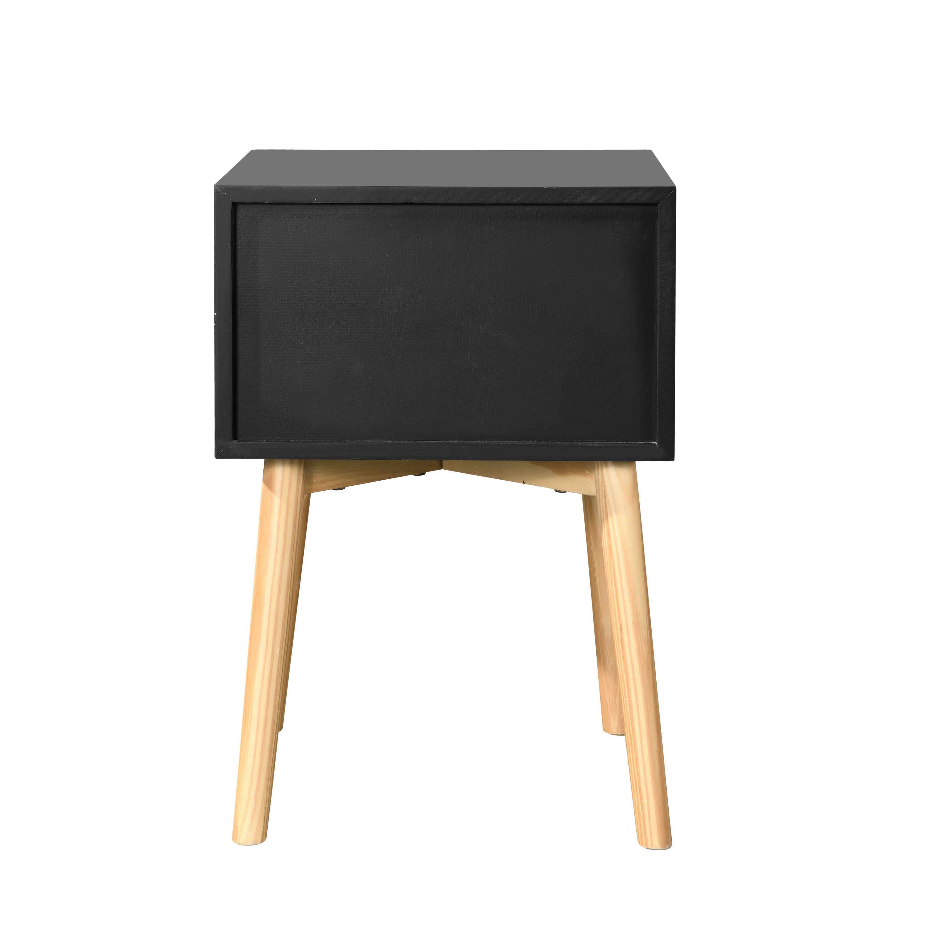 Side Table - 2 Drawers, Rubber Wood Legs - Mid-Century Modern Storage Cabinet for Bedroom and Living Room in Black