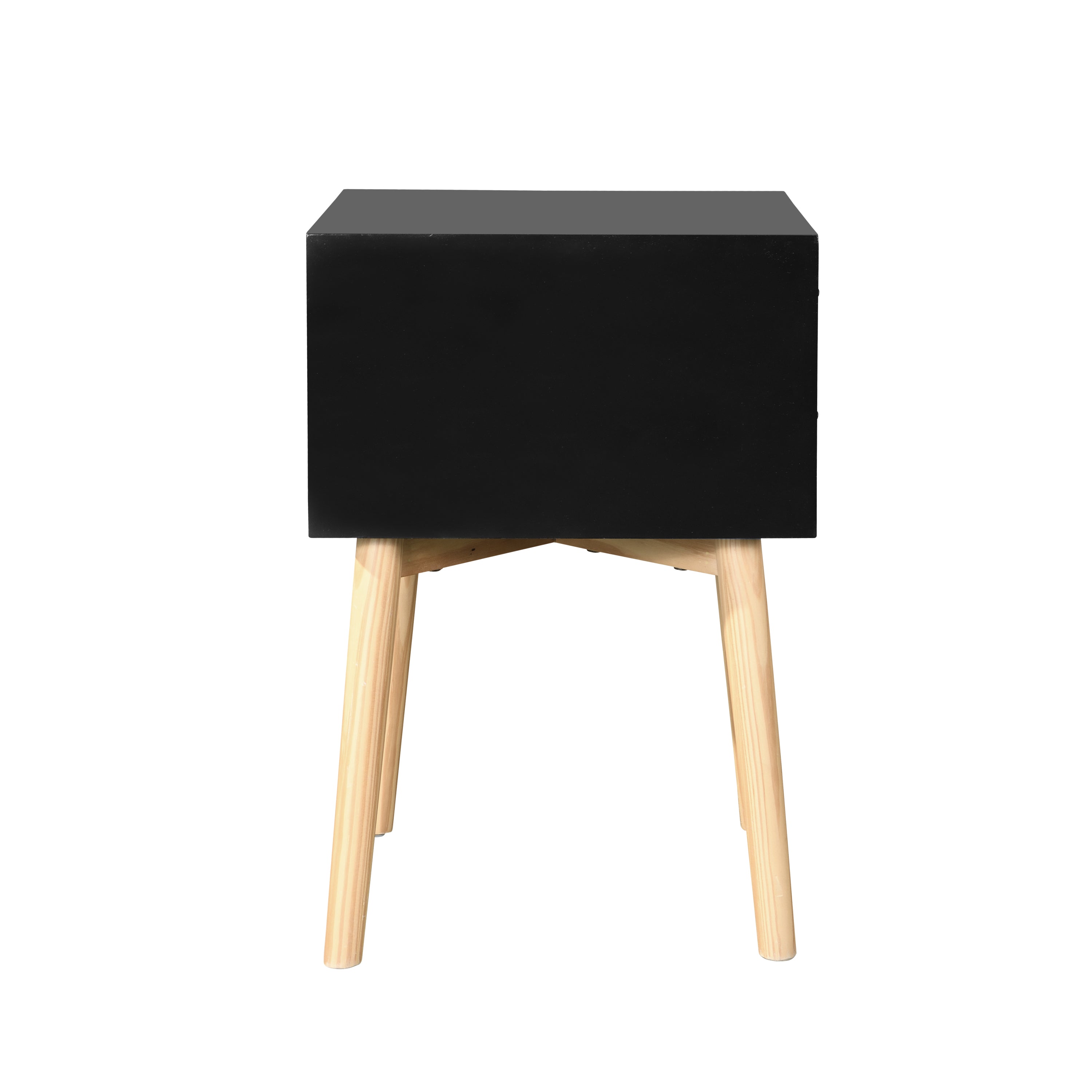 Side Table - 2 Drawers, Rubber Wood Legs - Mid-Century Modern Storage Cabinet for Bedroom and Living Room in Black