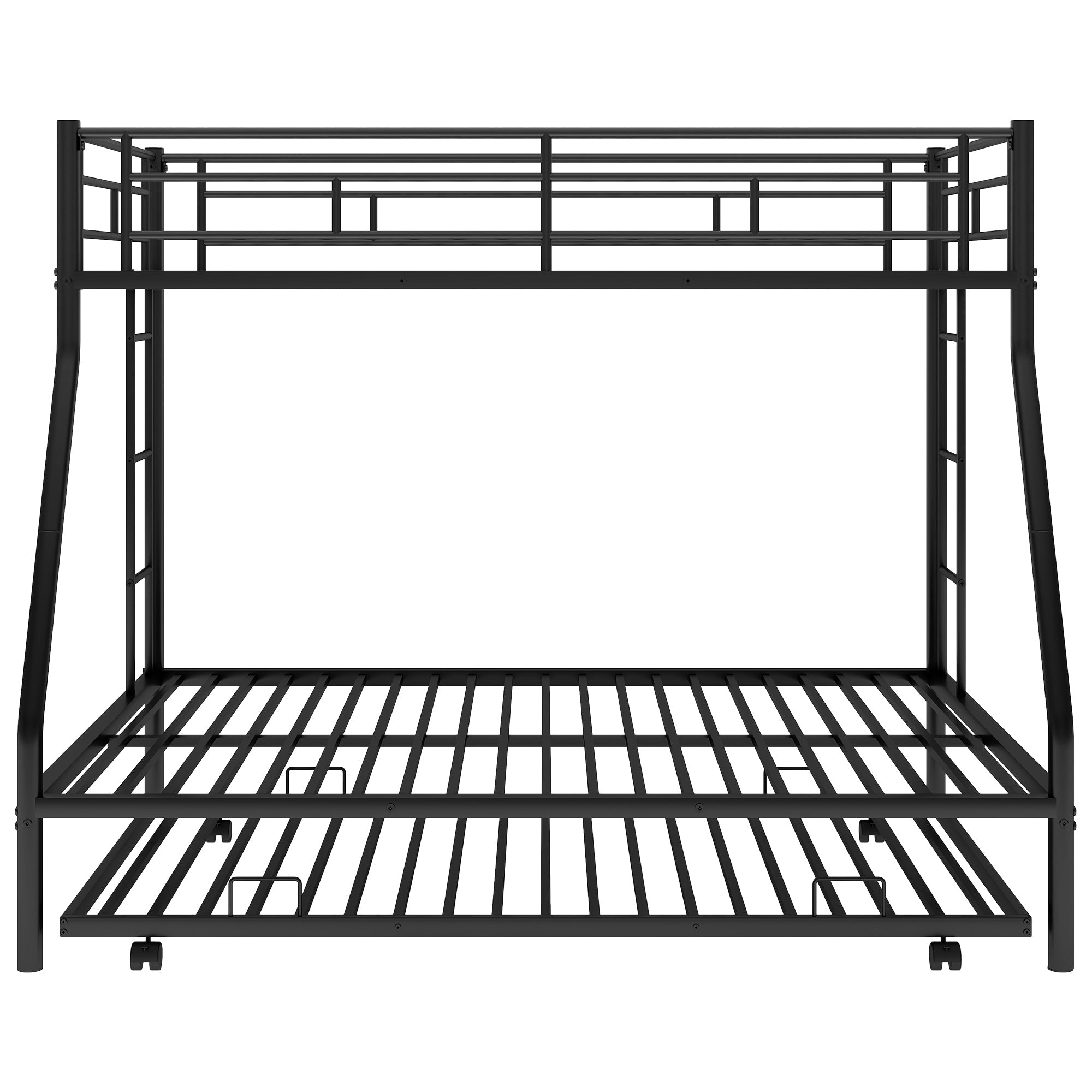 Sturdy Steel Twin over Full Bunk Bed with Twin Trundle | Two-Side Ladders | Black | Space-Saving Solution