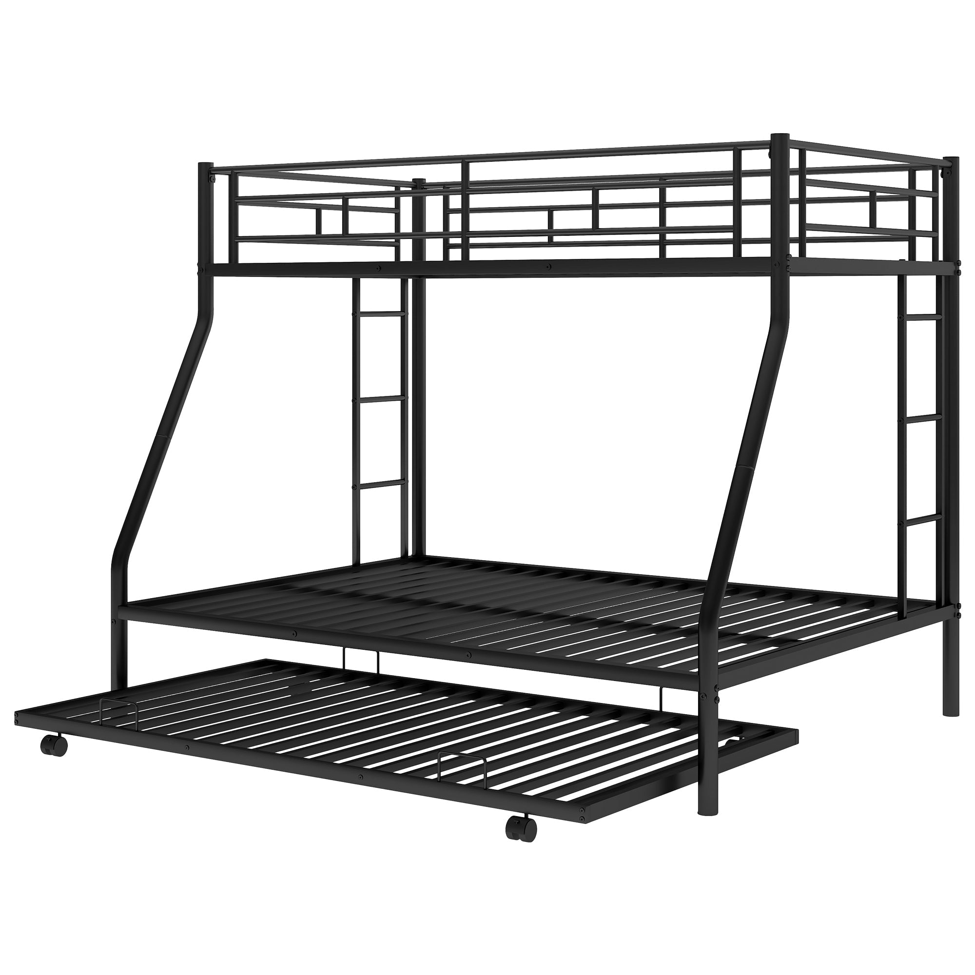 Sturdy Steel Twin over Full Bunk Bed with Twin Trundle | Two-Side Ladders | Black | Space-Saving Solution