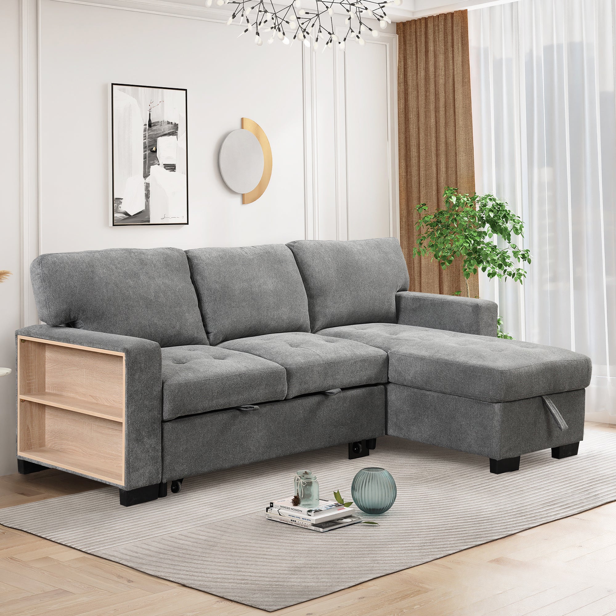 Stylish and Functional Light Chaise Lounge Sectional with Storage Rack, Pull-out Bed, Drop Down Table, and USB Charger | Gray | Ideal Addition to Your Living Space-Sleeper Sectionals-American Furniture Outlet