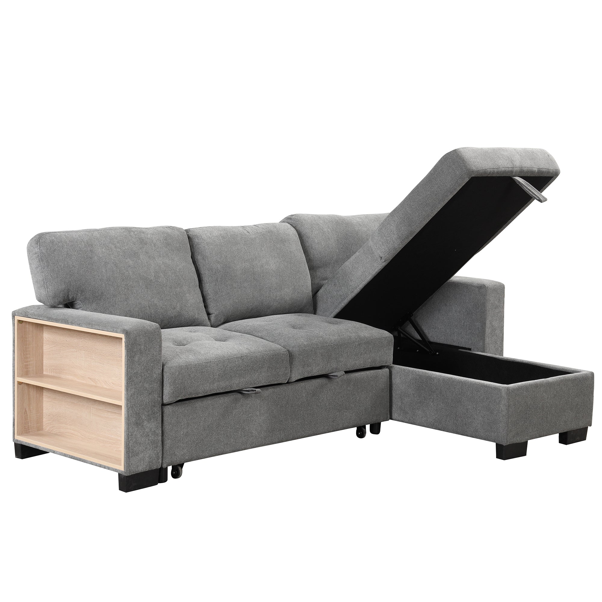 Stylish and Functional Light Chaise Lounge Sectional with Storage Rack, Pull-out Bed, Drop Down Table, and USB Charger | Gray | Ideal Addition to Your Living Space-Sleeper Sectionals-American Furniture Outlet