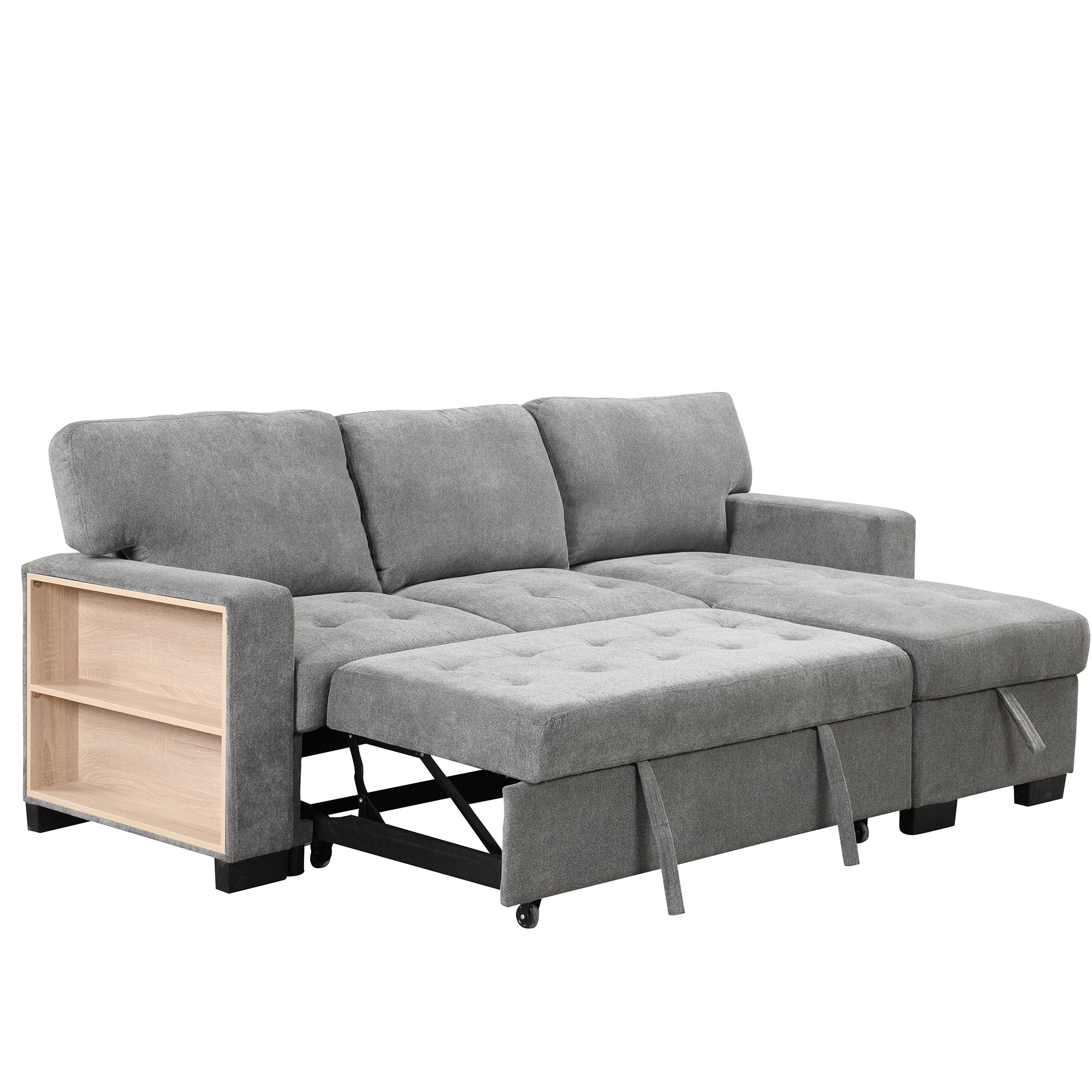 Stylish and Functional Light Chaise Lounge Sectional with Storage Rack, Pull-out Bed, Drop Down Table, and USB Charger | Gray | Ideal Addition to Your Living Space-Sleeper Sectionals-American Furniture Outlet