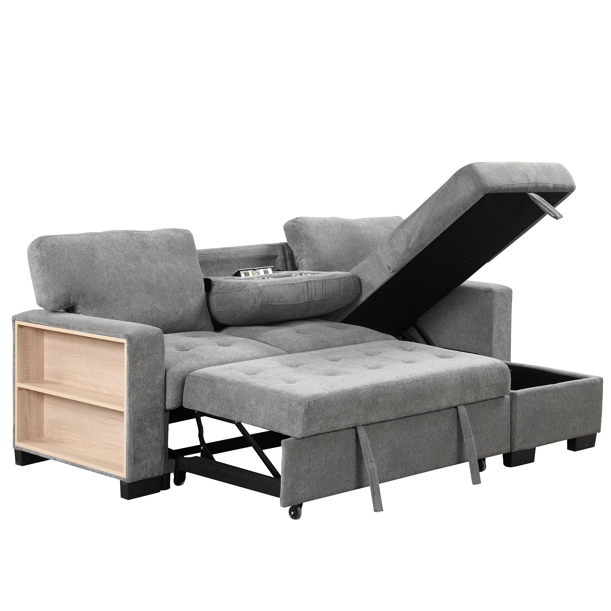 Stylish and Functional Light Chaise Lounge Sectional with Storage Rack, Pull-out Bed, Drop Down Table, and USB Charger | Gray | Ideal Addition to Your Living Space-Sleeper Sectionals-American Furniture Outlet