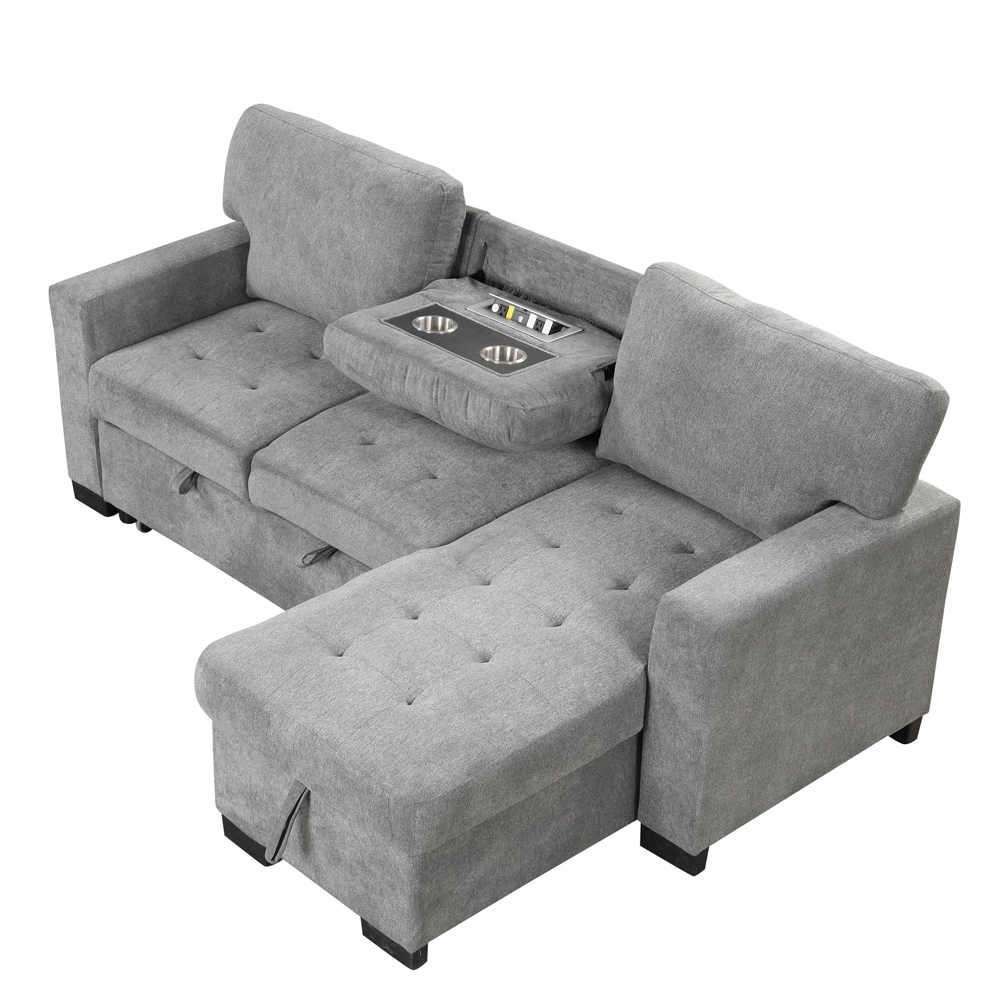 Stylish and Functional Light Chaise Lounge Sectional with Storage Rack, Pull-out Bed, Drop Down Table, and USB Charger | Gray | Ideal Addition to Your Living Space-Sleeper Sectionals-American Furniture Outlet