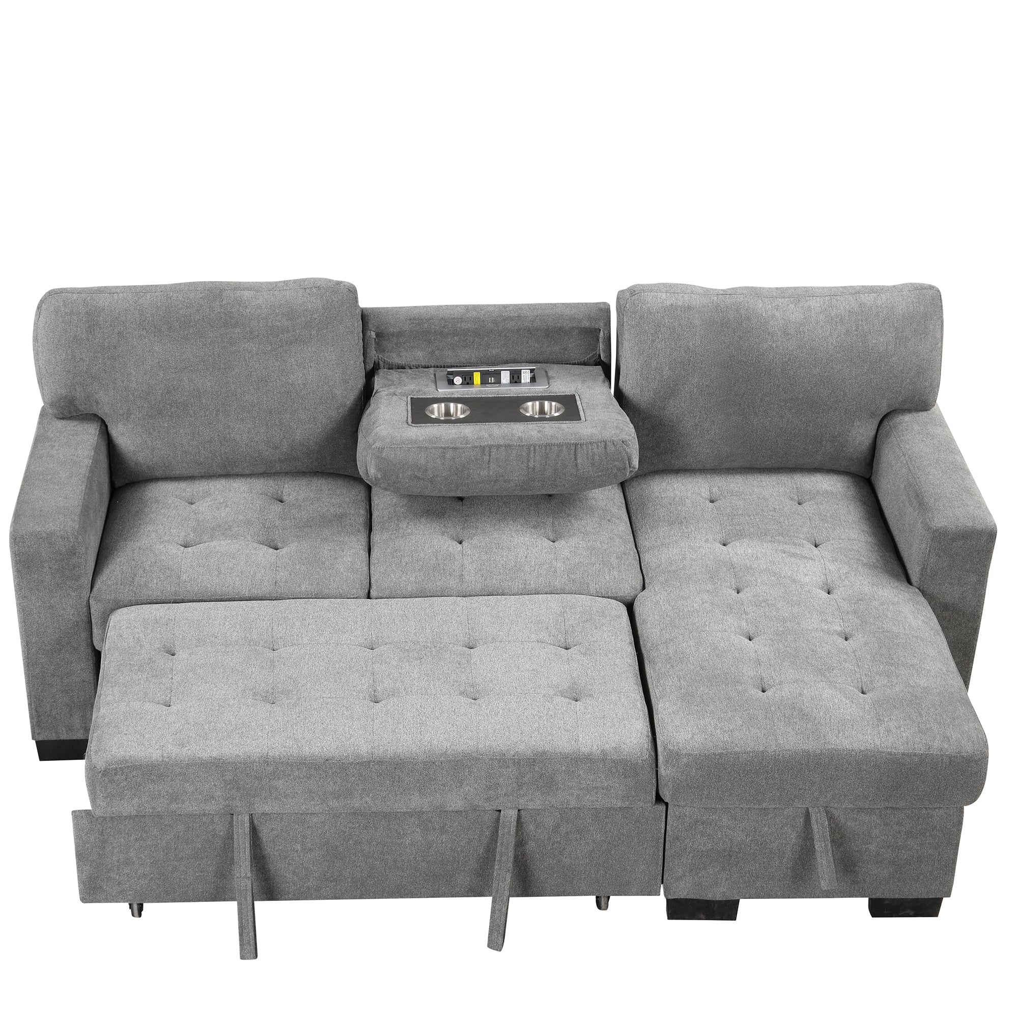 Stylish and Functional Light Chaise Lounge Sectional with Storage Rack, Pull-out Bed, Drop Down Table, and USB Charger | Gray | Ideal Addition to Your Living Space-Sleeper Sectionals-American Furniture Outlet