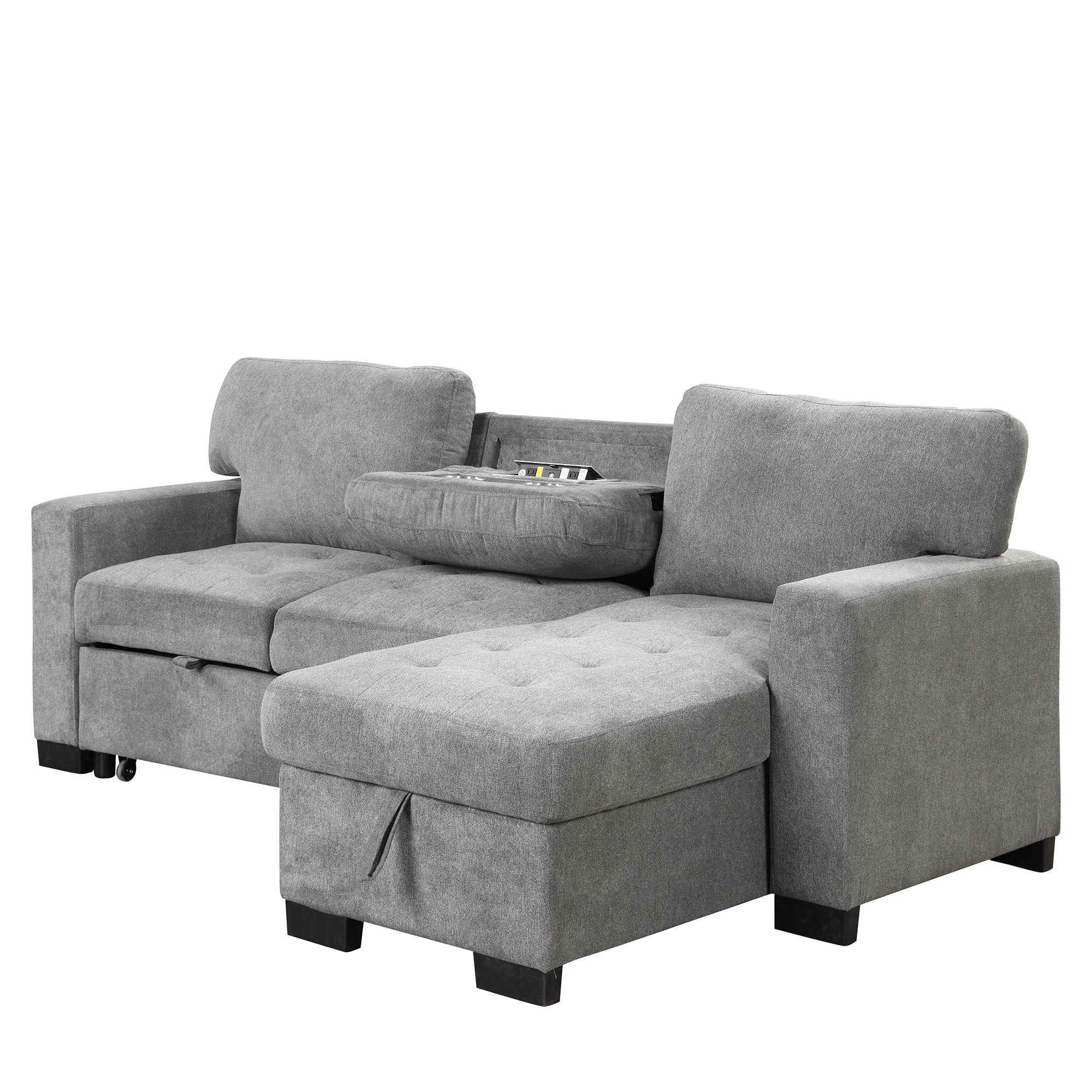 Stylish and Functional Light Chaise Lounge Sectional with Storage Rack, Pull-out Bed, Drop Down Table, and USB Charger | Gray | Ideal Addition to Your Living Space-Sleeper Sectionals-American Furniture Outlet