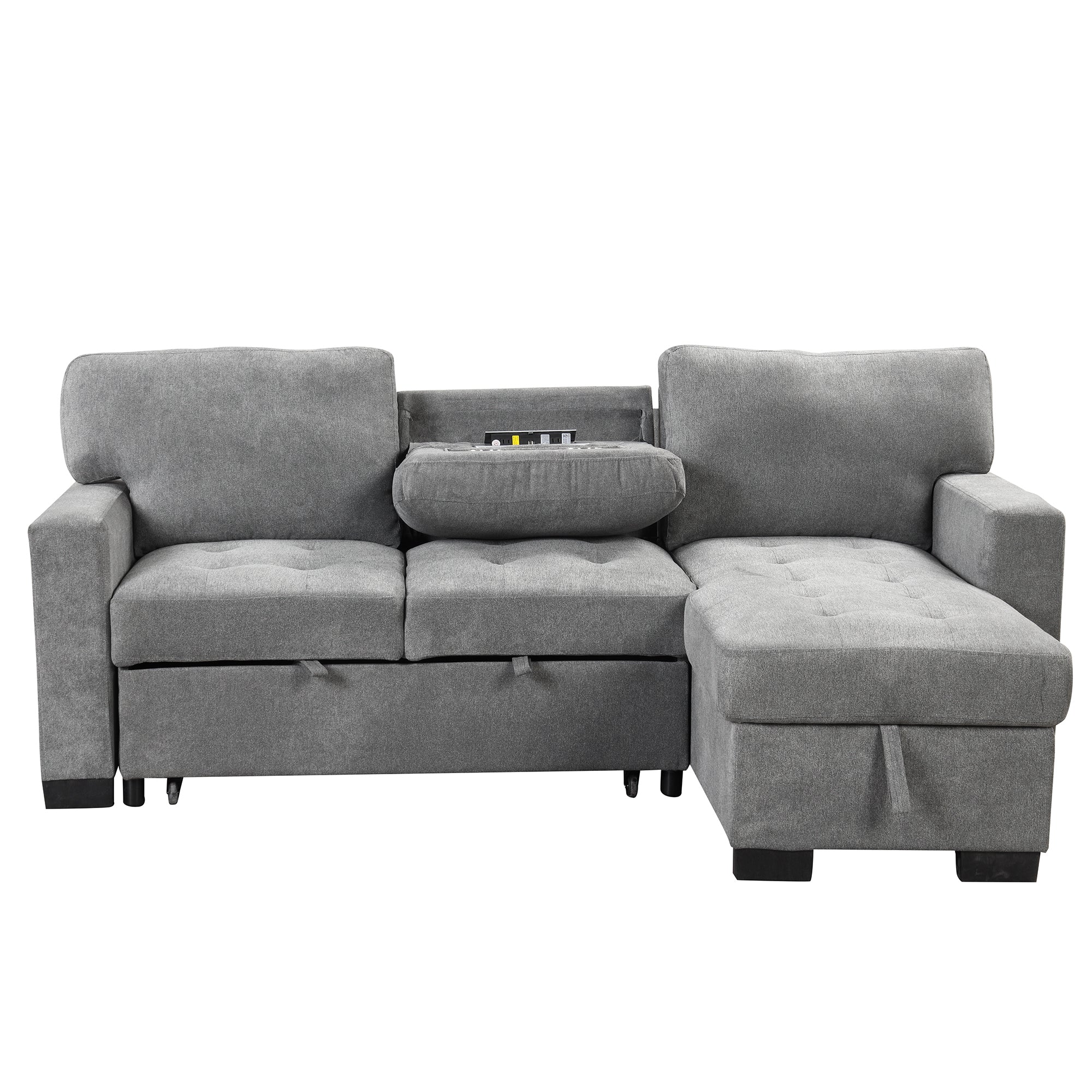 Stylish and Functional Light Chaise Lounge Sectional with Storage Rack, Pull-out Bed, Drop Down Table, and USB Charger | Gray | Ideal Addition to Your Living Space-Sleeper Sectionals-American Furniture Outlet