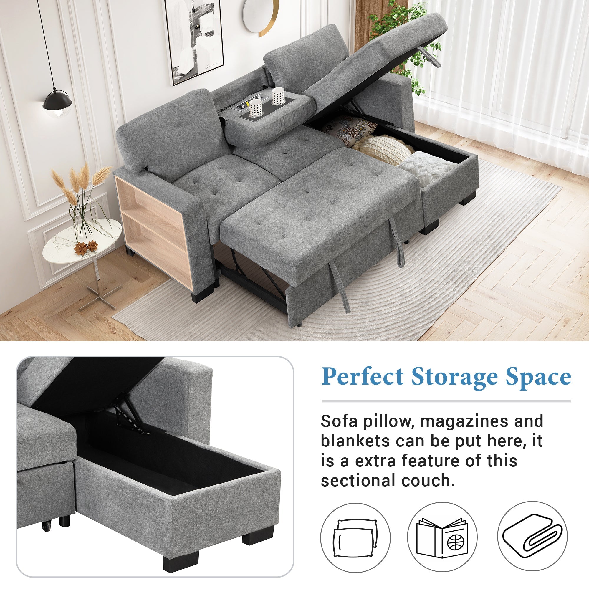 Stylish and Functional Light Chaise Lounge Sectional with Storage Rack, Pull-out Bed, Drop Down Table, and USB Charger | Gray | Ideal Addition to Your Living Space-Sleeper Sectionals-American Furniture Outlet