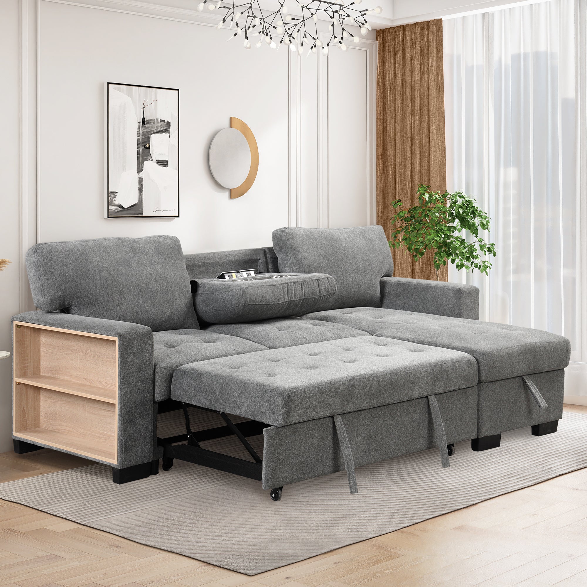 Stylish and Functional Light Chaise Lounge Sectional with Storage Rack, Pull-out Bed, Drop Down Table, and USB Charger | Gray | Ideal Addition to Your Living Space-Sleeper Sectionals-American Furniture Outlet