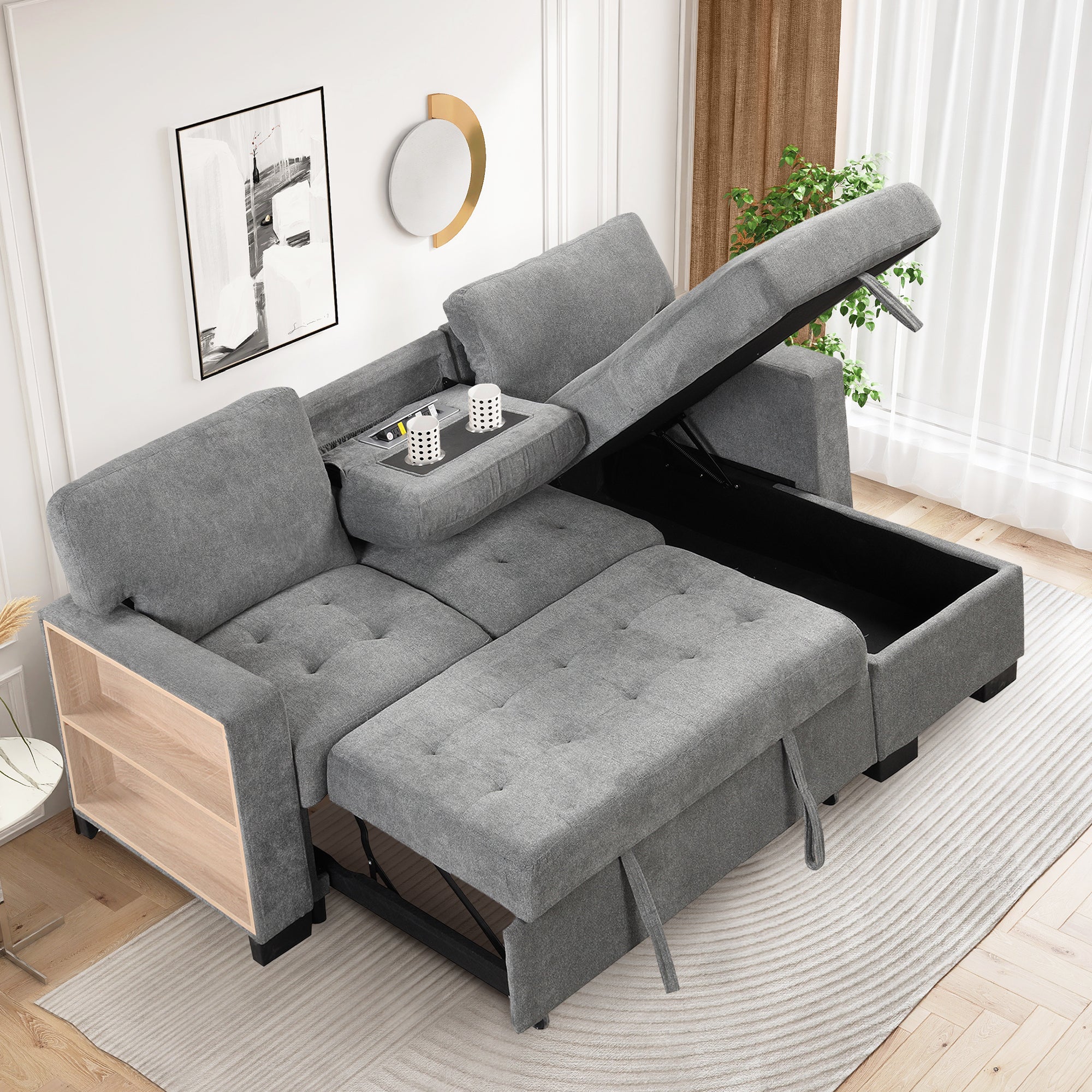 Stylish and Functional Light Chaise Lounge Sectional with Storage Rack, Pull-out Bed, Drop Down Table, and USB Charger | Gray | Ideal Addition to Your Living Space-Sleeper Sectionals-American Furniture Outlet