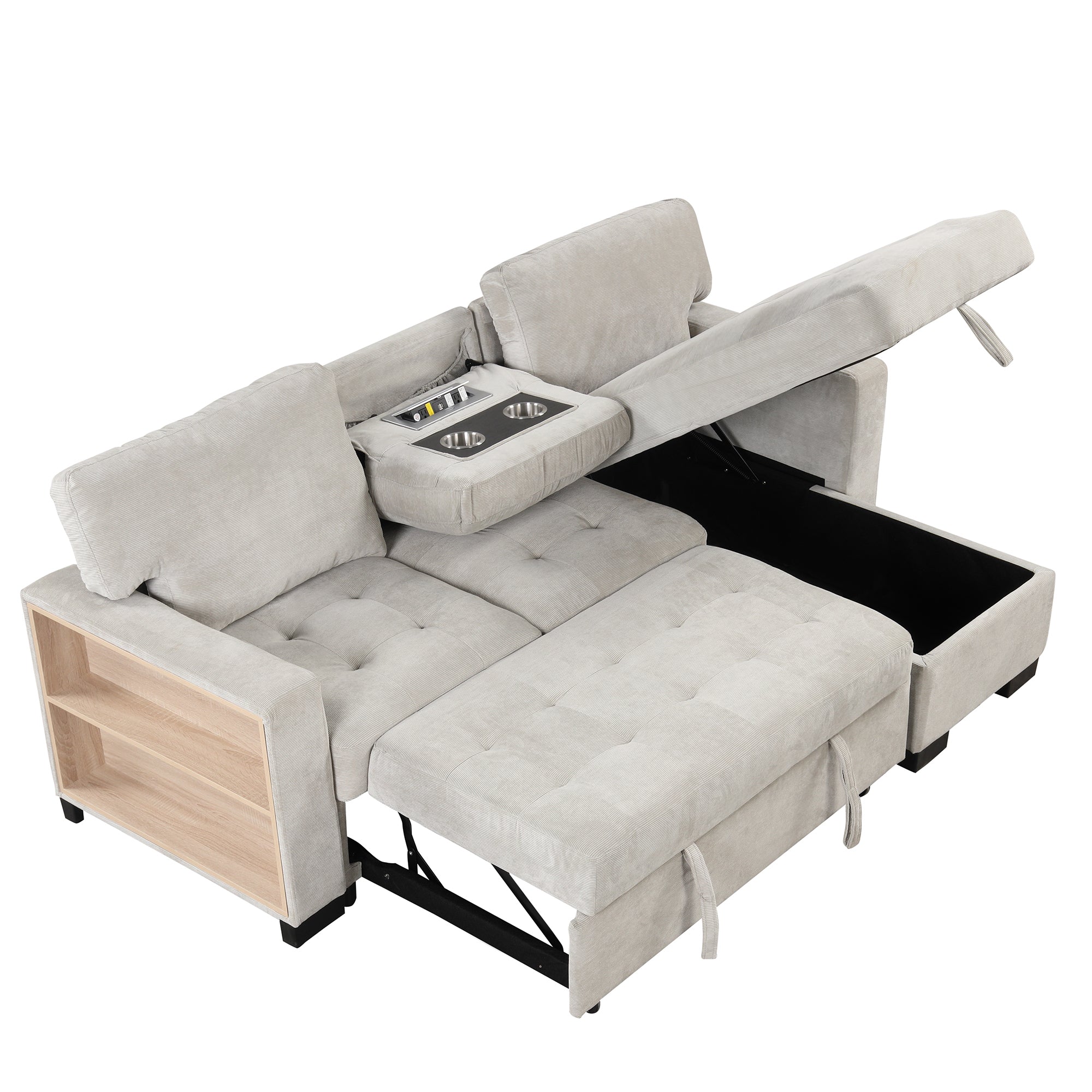 Stylish and Functional Light Chaise Lounge Sectional with Storage Rack, Pull-out Bed, Drop Down Table, and USB Charger | Light Gray | Ideal Addition to Your Living Space-Sleeper Sectionals-American Furniture Outlet