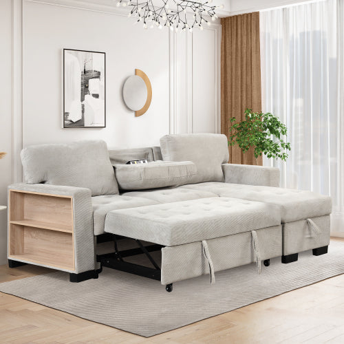 Stylish and Functional Light Chaise Lounge Sectional with Storage Rack, Pull-out Bed, Drop Down Table, and USB Charger | Light Gray | Ideal Addition to Your Living Space-Sleeper Sectionals-American Furniture Outlet