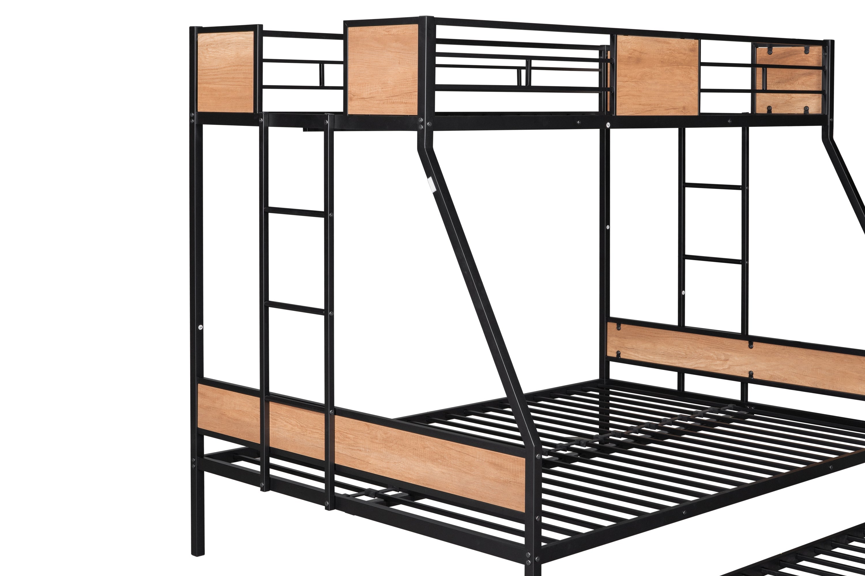 Twin over Full Bunk Bed with Trundle - Sturdy Metal - Noise Reduced - Safety Guardrail - Wooden Decoration - CPC Certified - No Box Spring Needed
