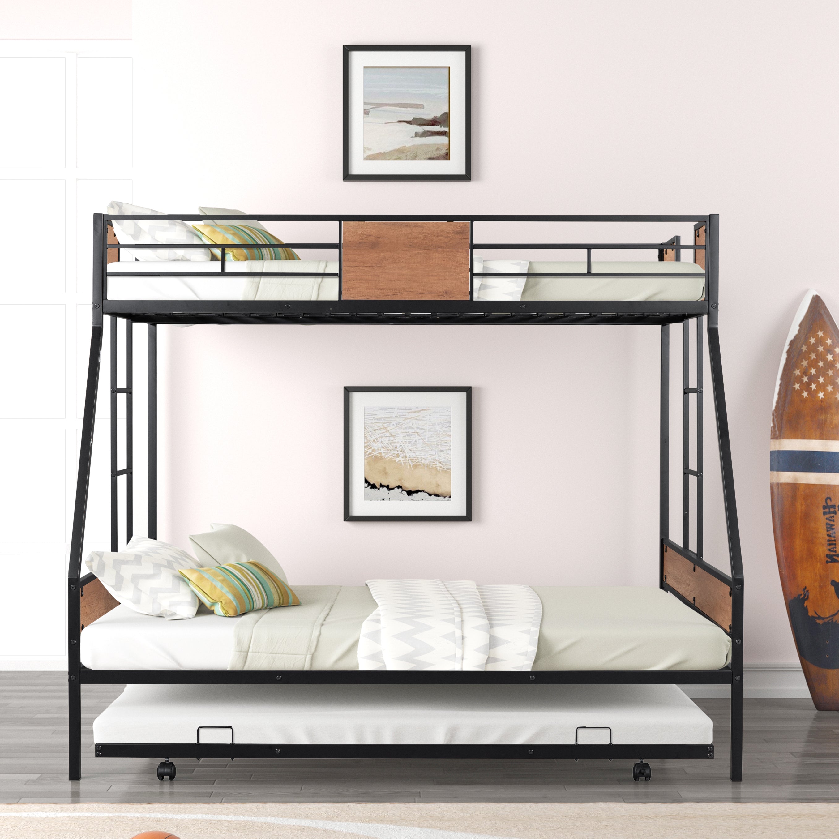 Twin over Full Bunk Bed with Trundle - Sturdy Metal - Noise Reduced - Safety Guardrail - Wooden Decoration - CPC Certified - No Box Spring Needed