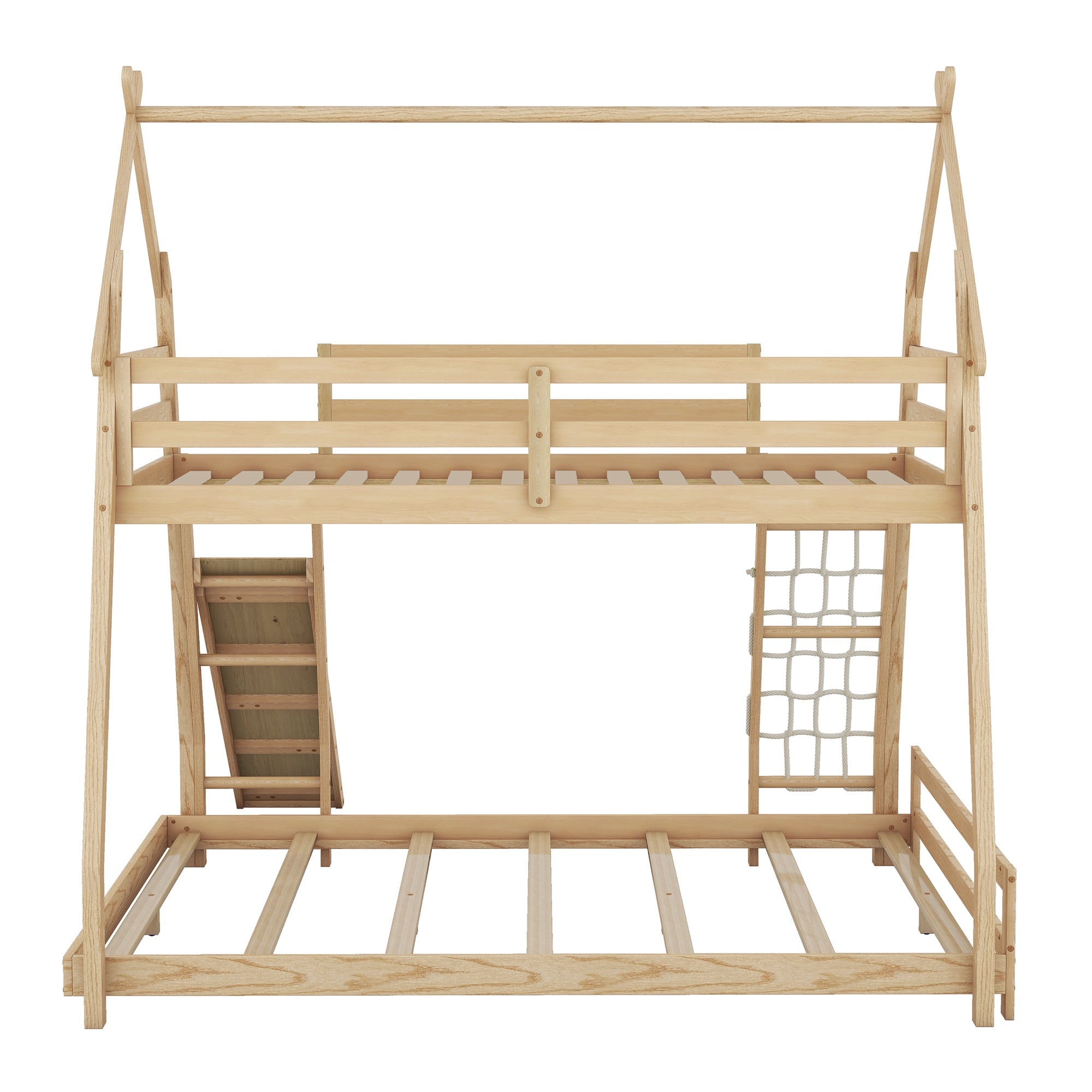 Twin over Queen House Bunk Bed with Nets & Ramp - Space-Saving Sleep & Play - Natural Light Brown