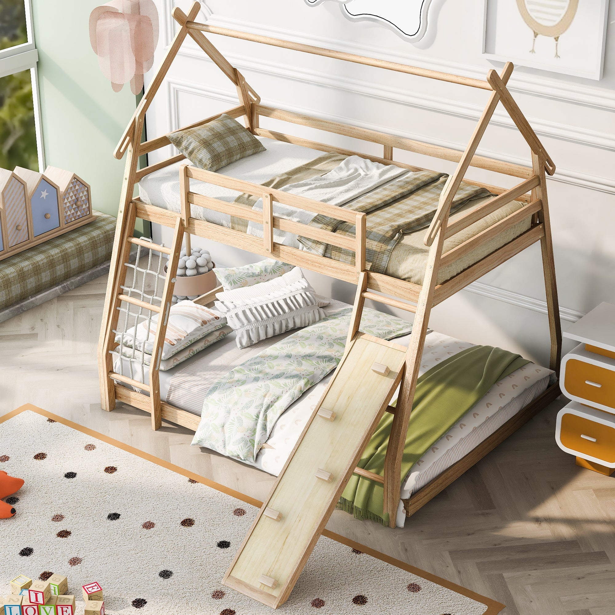 Twin over Queen House Bunk Bed with Nets & Ramp - Space-Saving Sleep & Play - Natural Light Brown