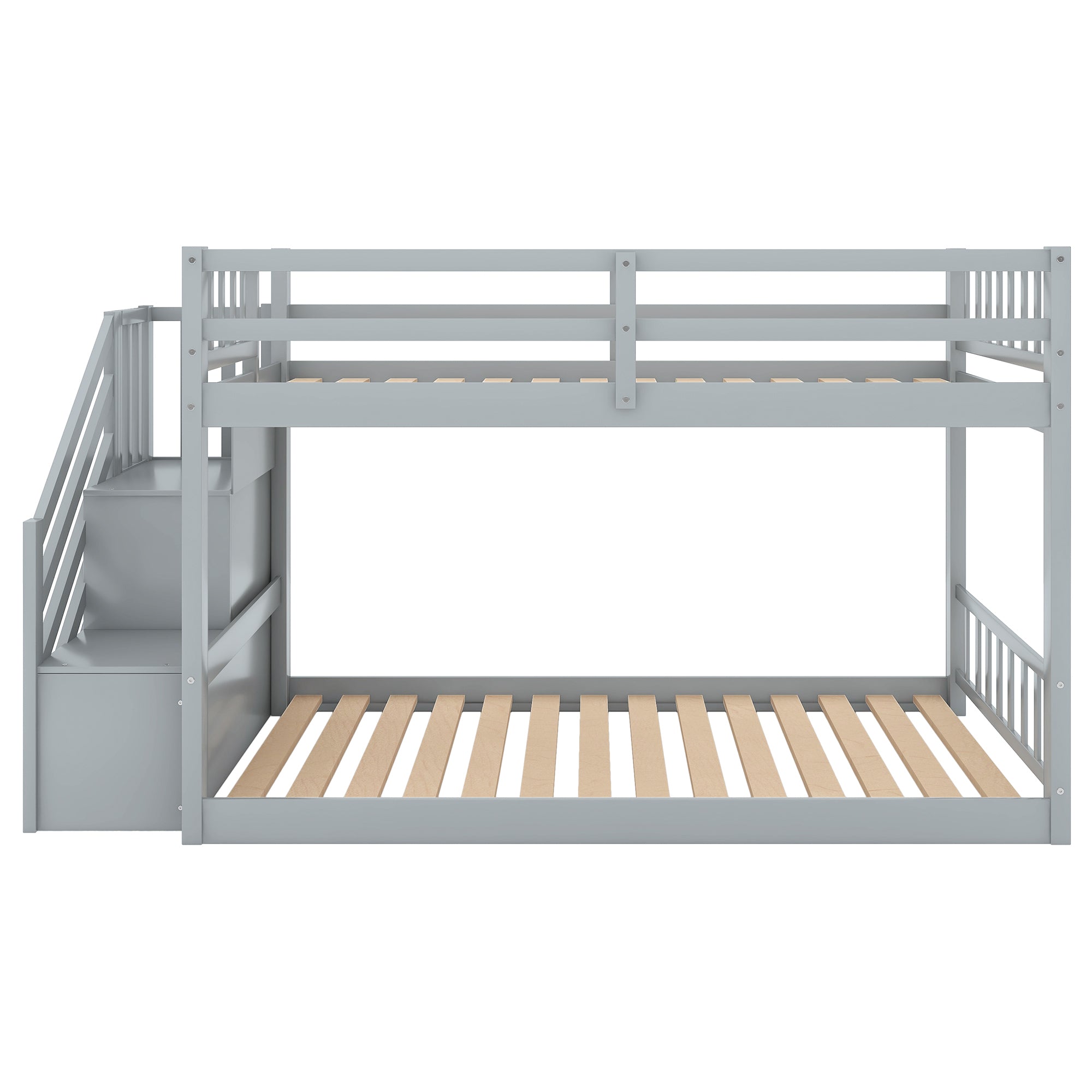 Twin over Twin Floor Bunk Bed with Ladder and Storage | Gray Finish | Space-Saving Solution