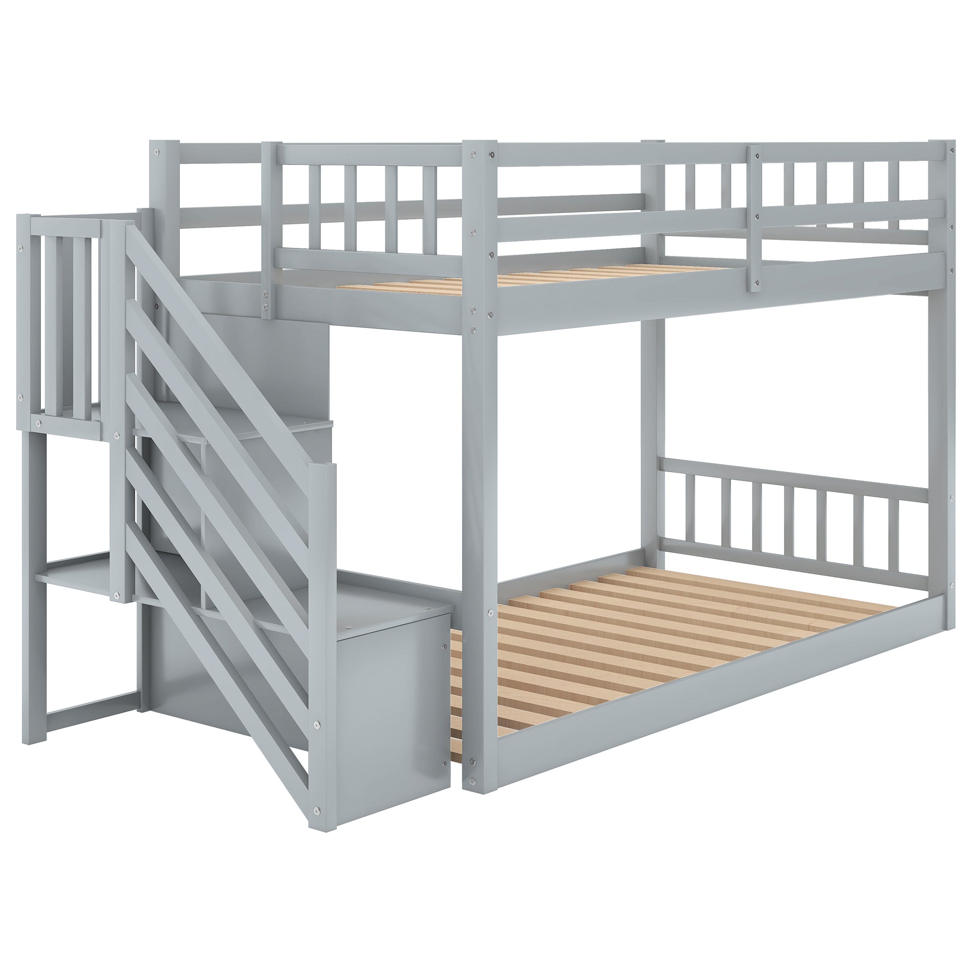 Twin over Twin Floor Bunk Bed with Ladder and Storage | Gray Finish | Space-Saving Solution