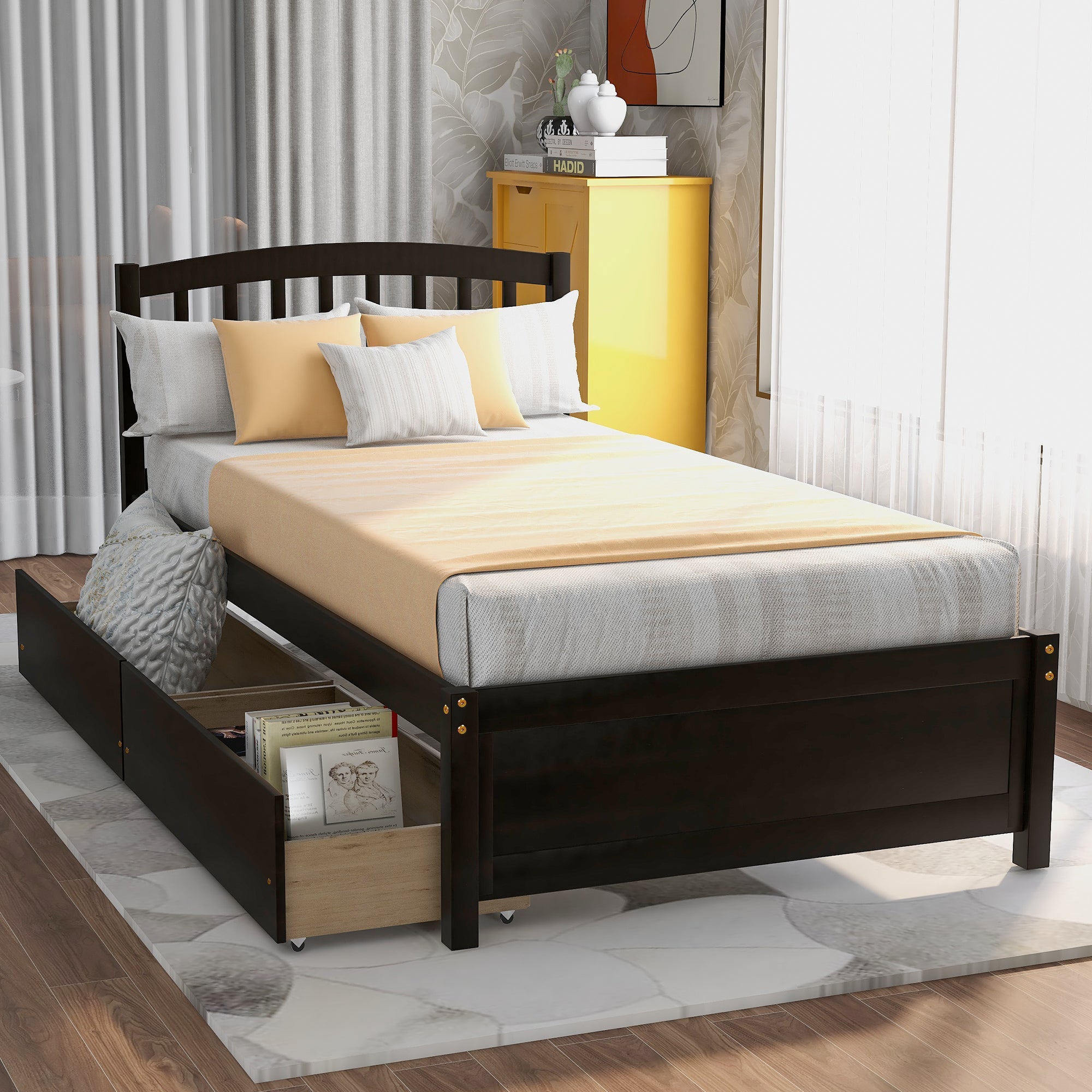 Twin Platform Storage Bed with Two Drawers and Headboard | Espresso Finish | Space-Saving Solution