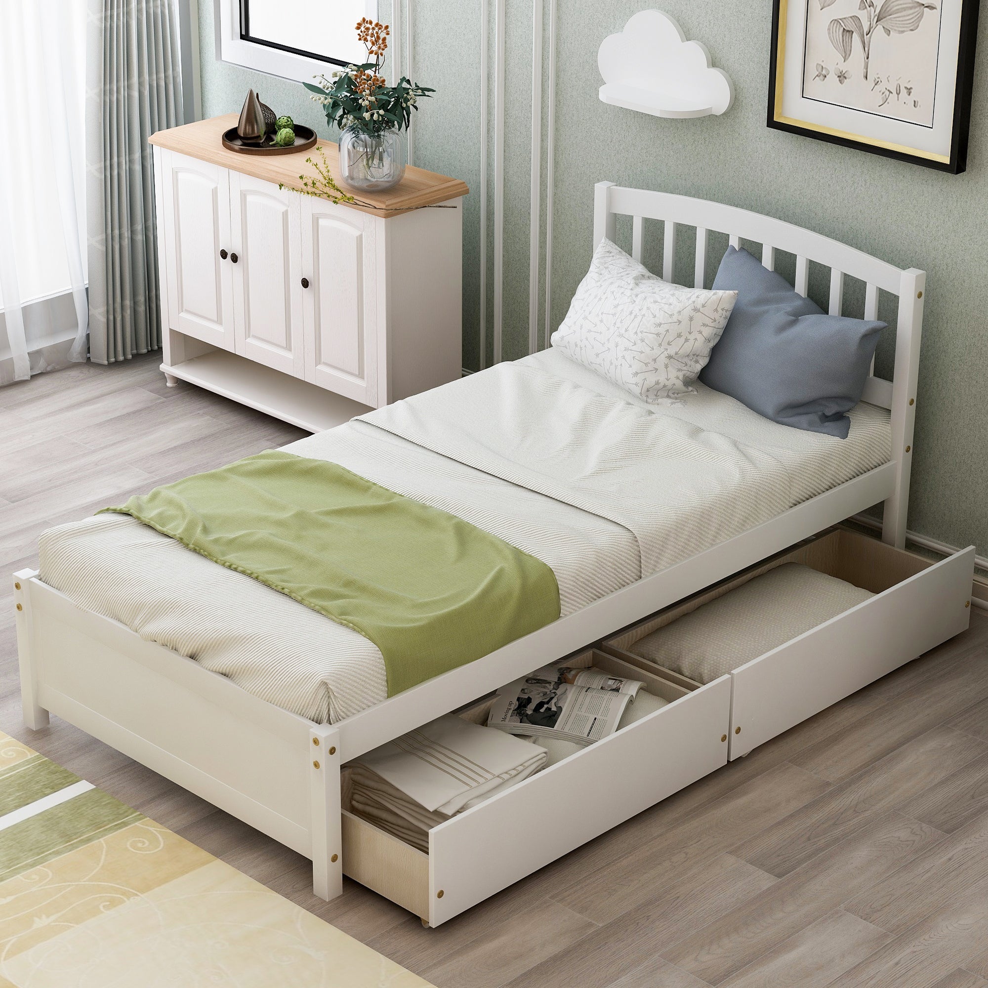 Twin Platform Storage Bed with Two Drawers and Headboard | White Wood Bed Frame | Space-Saving Solution
