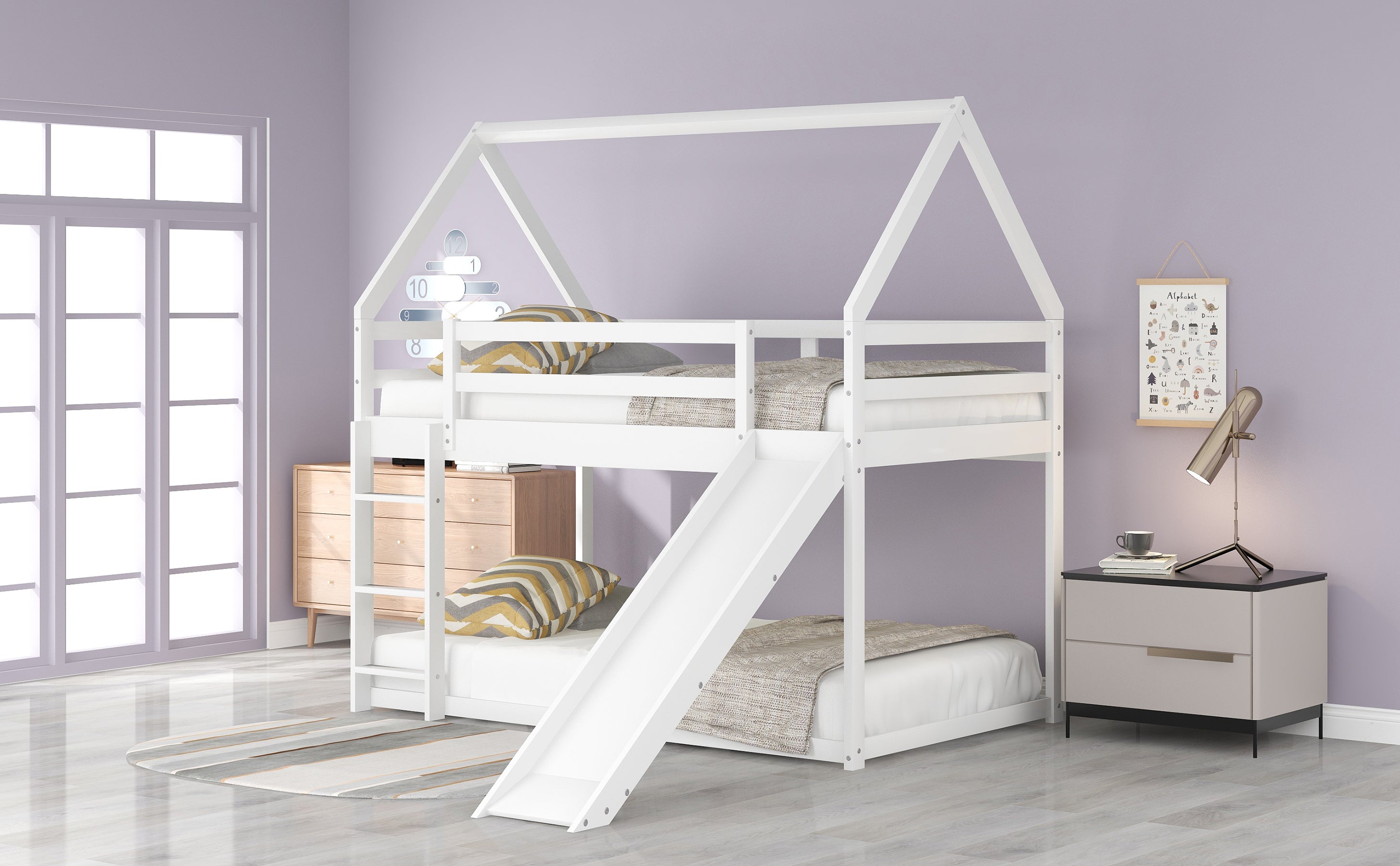 Twin Size Bunk House Bed with Slide and Ladder | White Finish | Fun and Functional