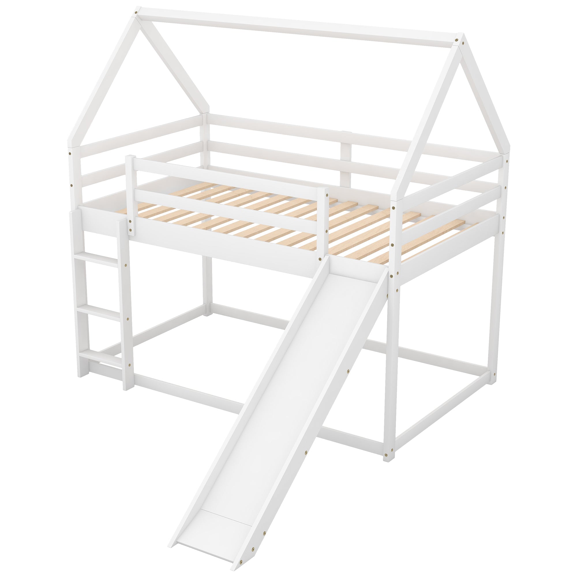 Twin Size Bunk House Bed with Slide and Ladder | White Finish | Fun and Functional