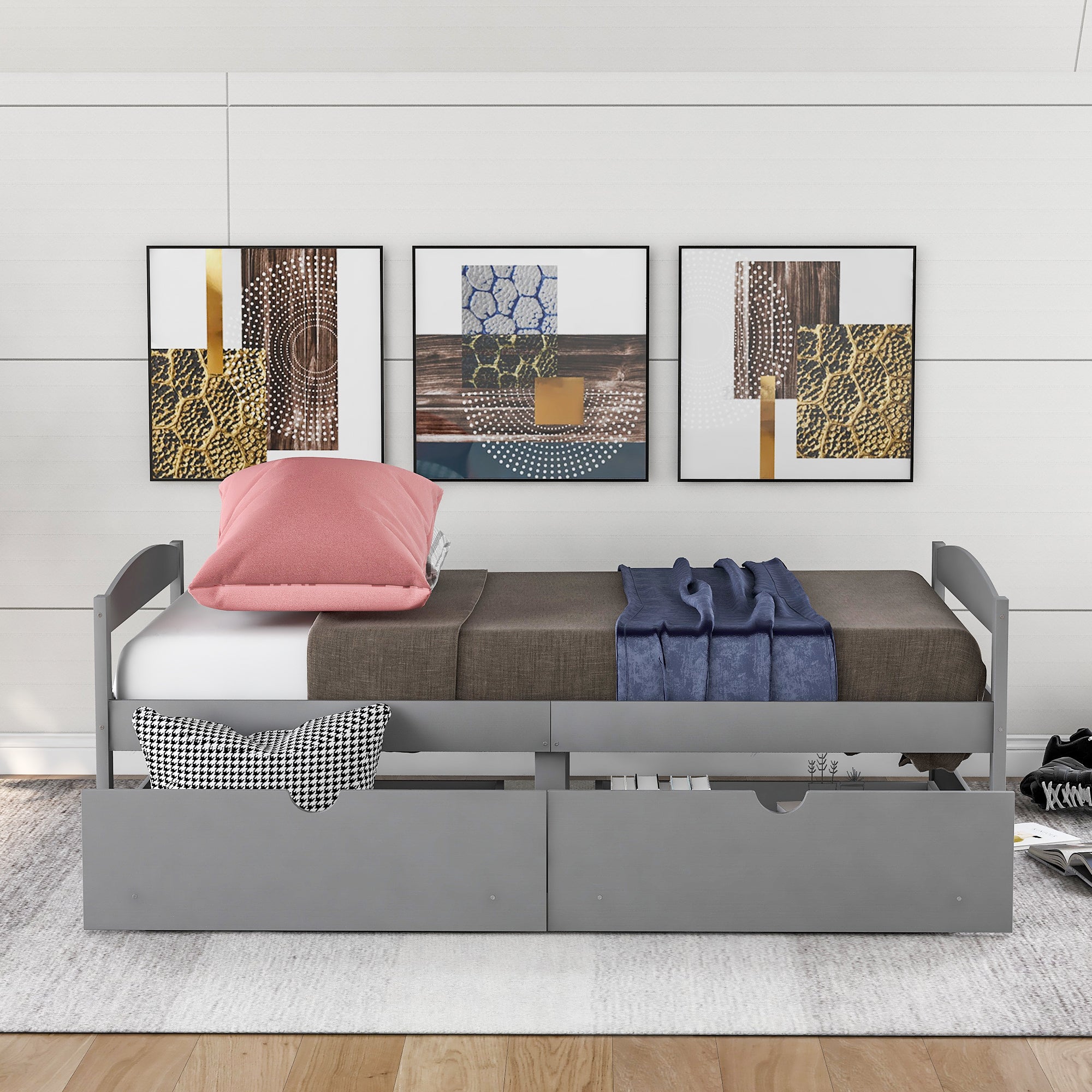 Twin Size Platform Bed with Two Drawers | Gray Finish | Space-Saving Solution