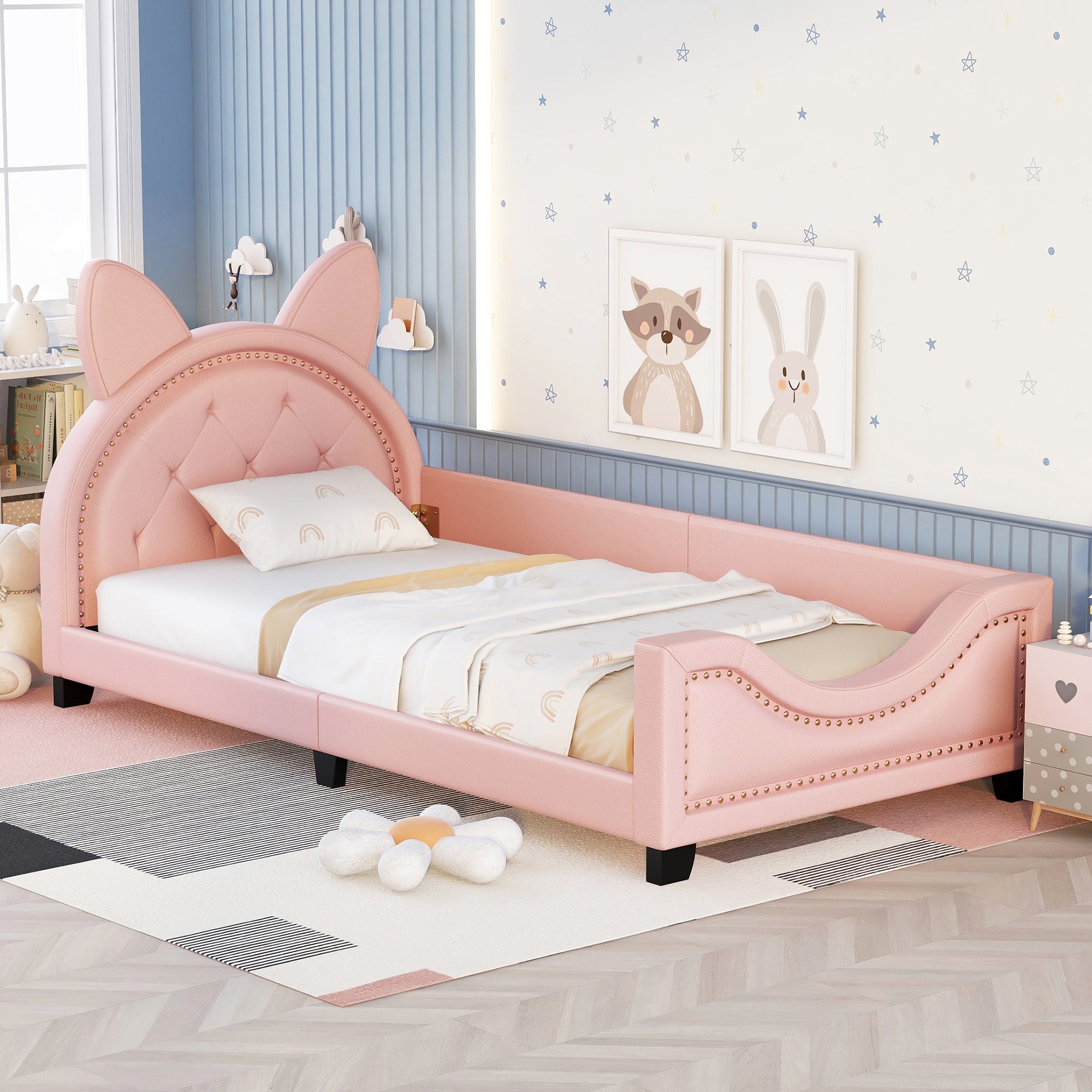 Twin Size Upholstered Daybed with Carton Ears Shaped Headboard | Pink | Stylish & Functional