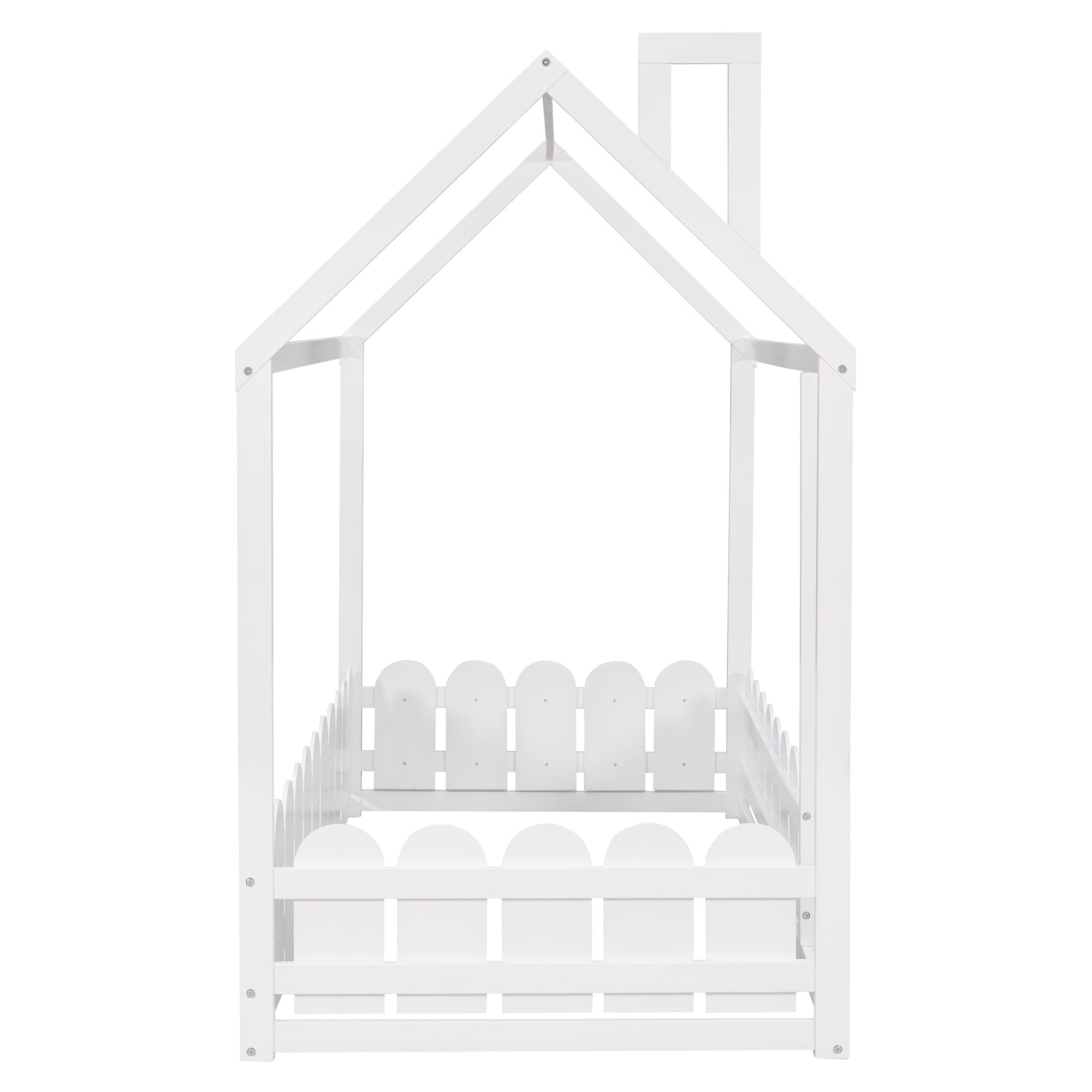 Twin Size Wood House Bed Frame with Fence | Ideal for Kids, Teens, Girls, Boys | White | Slats Not Included
