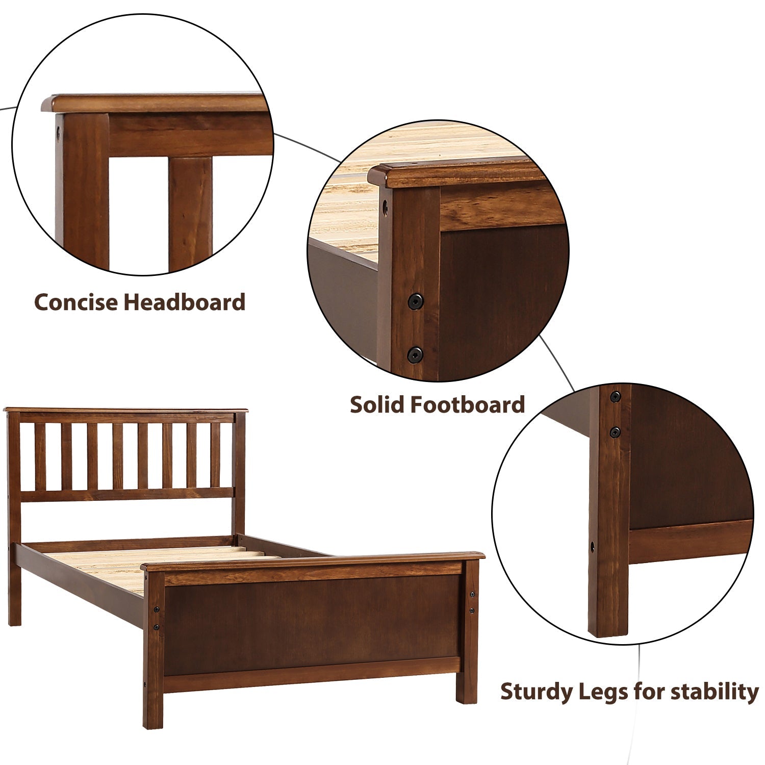 Twin Size Wood Platform Bed with Headboard, Footboard, and Wood Slat Support | Walnut Finish | Sturdy Construction