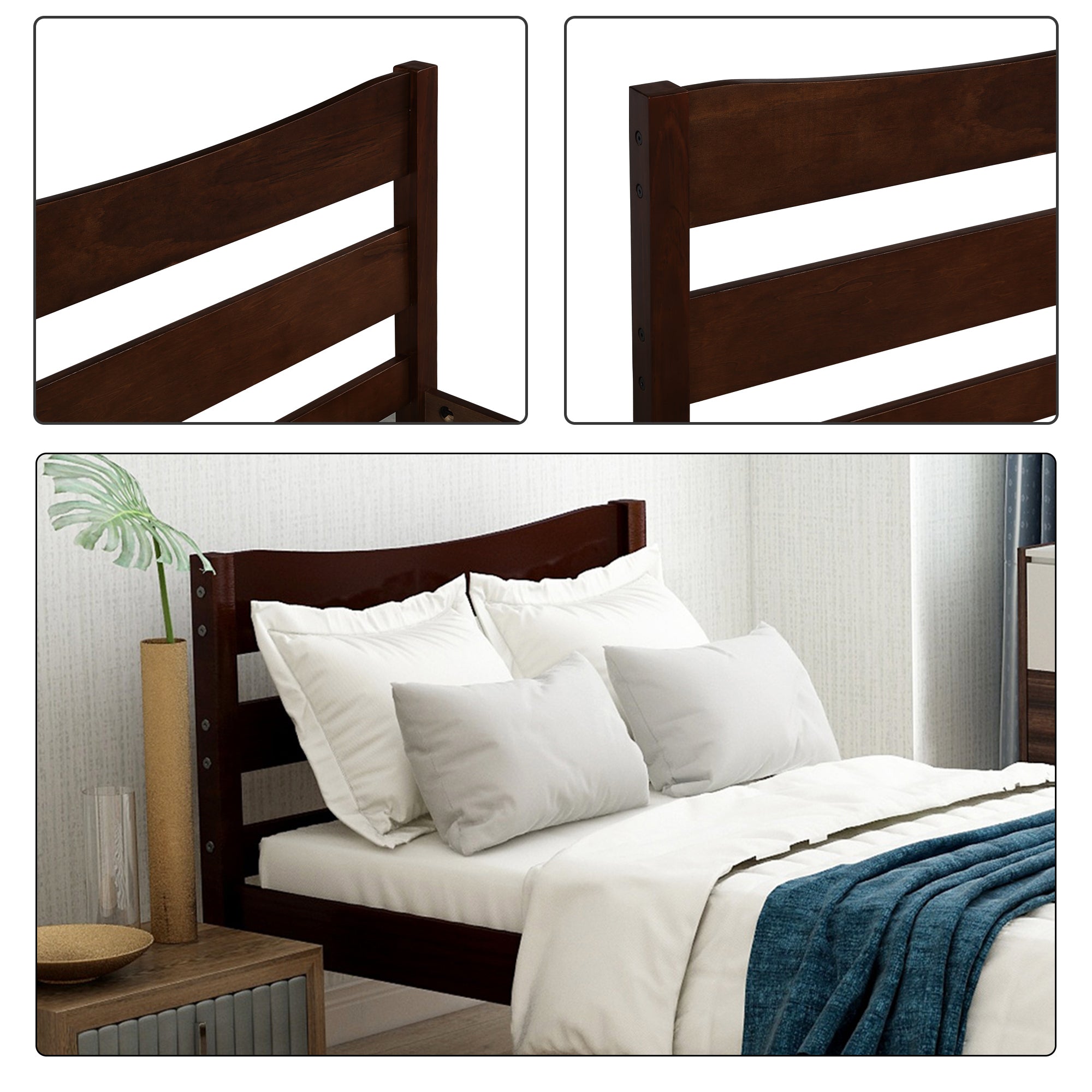 Twin Size Wood Platform Bed with Headboard | Wooden Slat Support | Espresso Finish