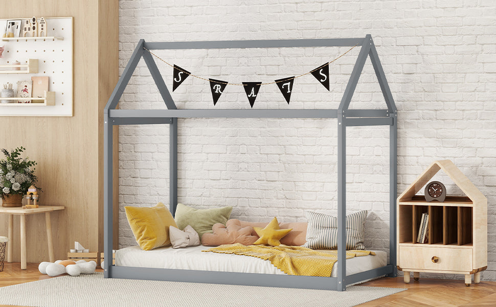 Twin Size Wooden House Bed | Gray Finish | Charming & Functional