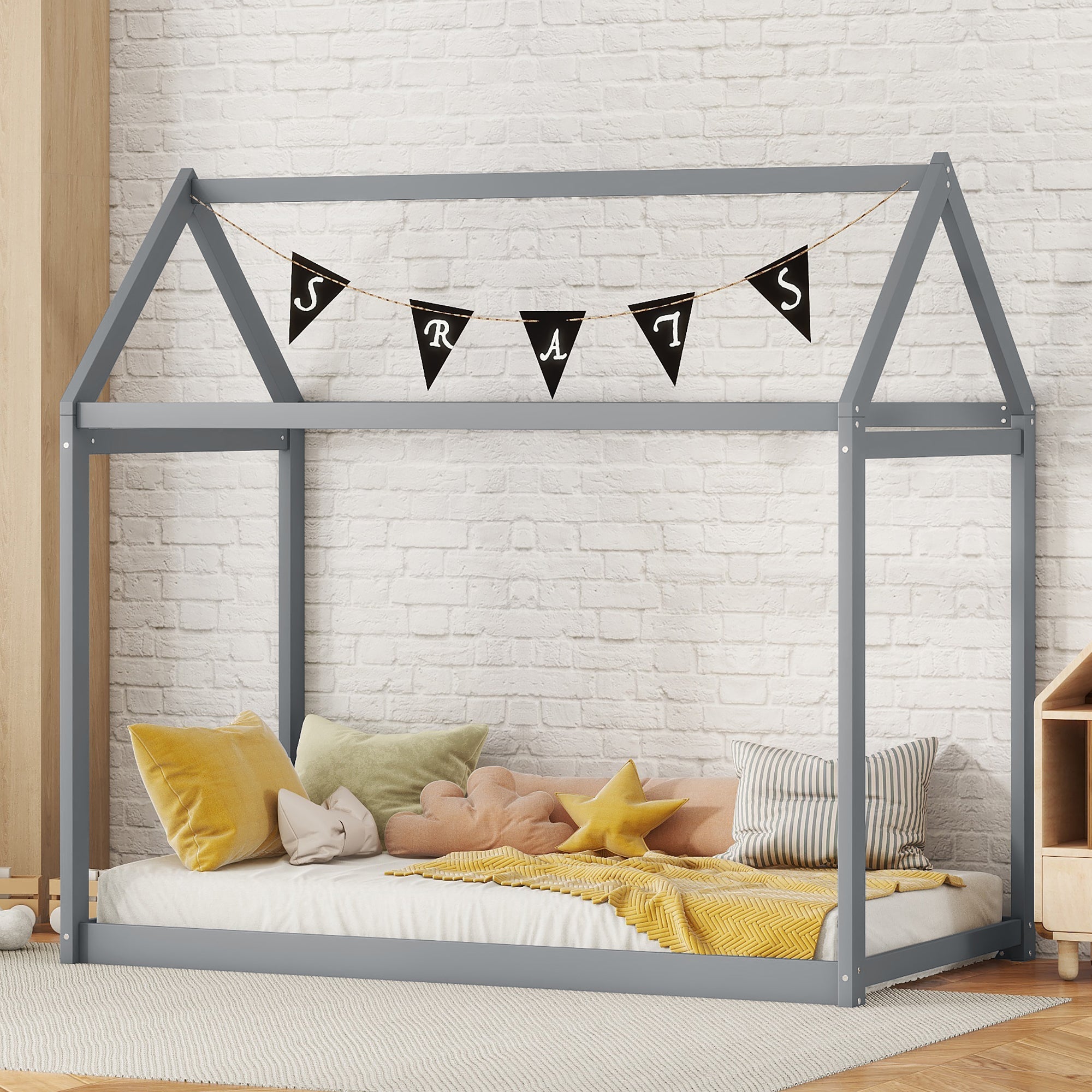 Twin Size Wooden House Bed | Gray Finish | Charming & Functional