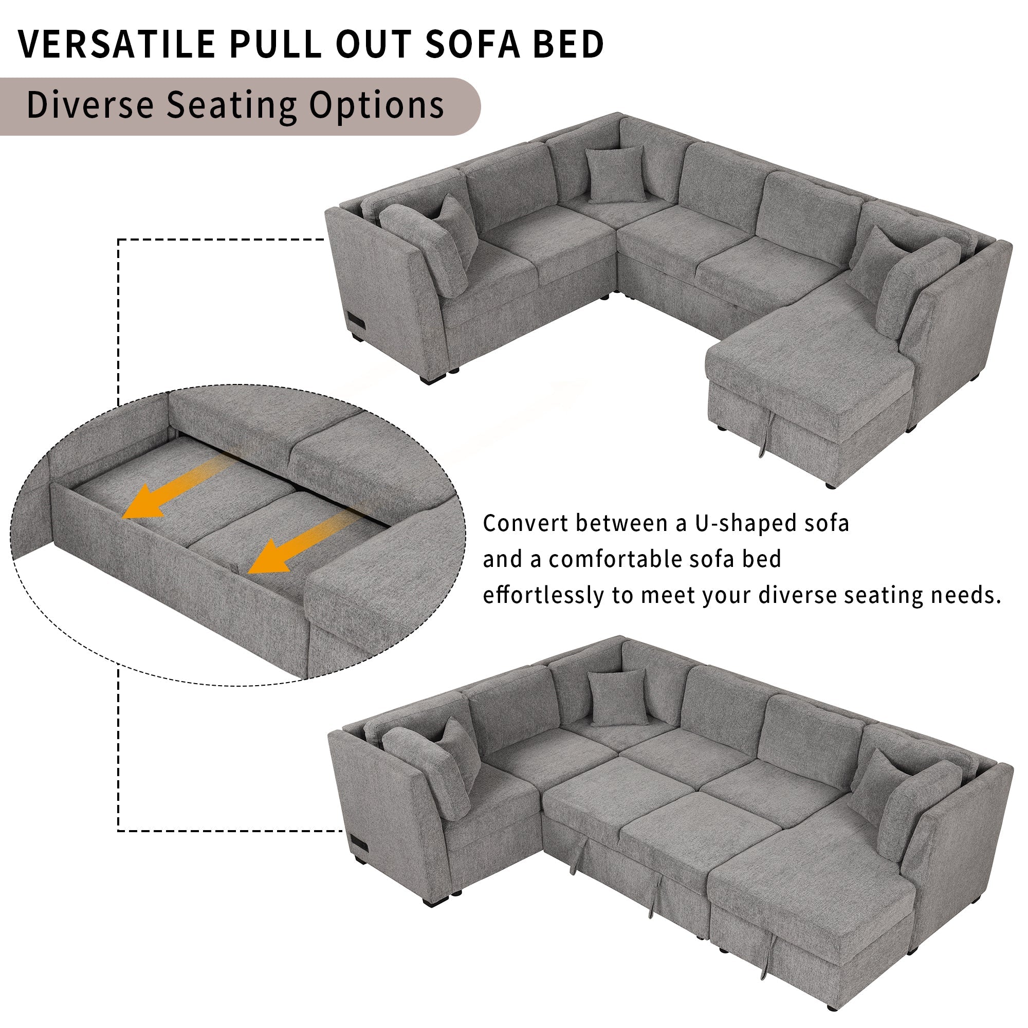 U-Shaped Sectional Sofa Bed w/ Storage Chaise - Light Gray-Stationary Sectionals-American Furniture Outlet