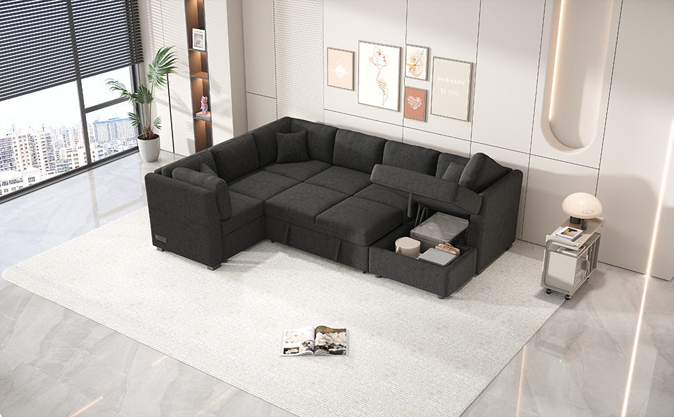 U-Shaped Sectional Sofa Bed w/Storage Chaise, USB & Power Outlets - Black-Stationary Sectionals-American Furniture Outlet